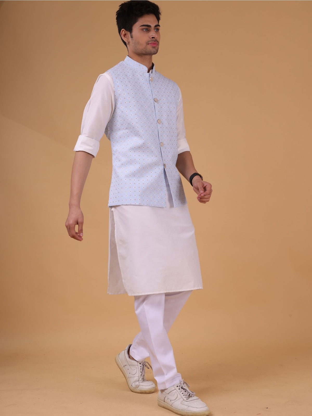 Light Blue Solid Pattern Cotton Silk Kurta Jacket Set