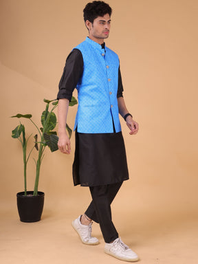 Azure Blue Solid Pattern Cotton Silk Kurta Jacket Set