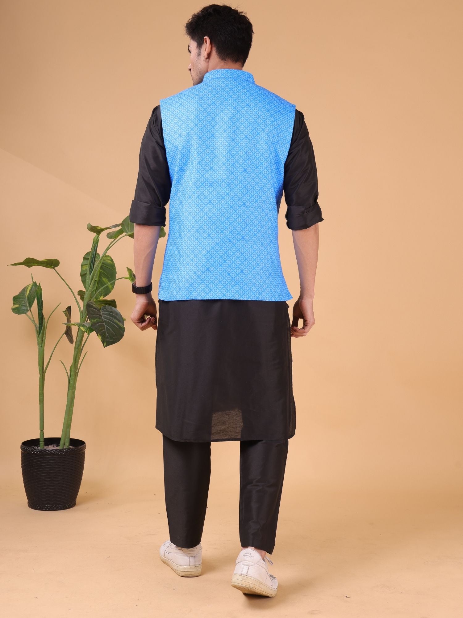 Azure Blue Solid Pattern Cotton Silk Kurta Jacket Set