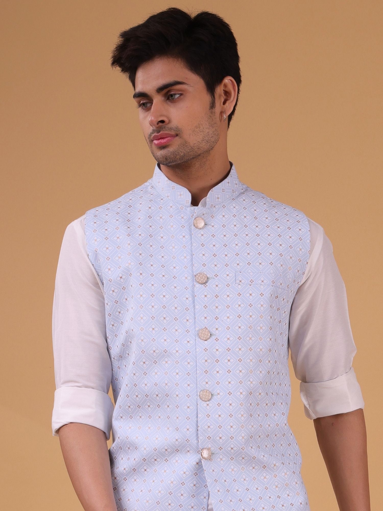 Light Blue Solid Pattern Cotton Silk Kurta Jacket Set