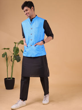 Azure Blue Solid Pattern Cotton Silk Kurta Jacket Set