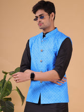 Azure Blue Solid Pattern Cotton Silk Kurta Jacket Set