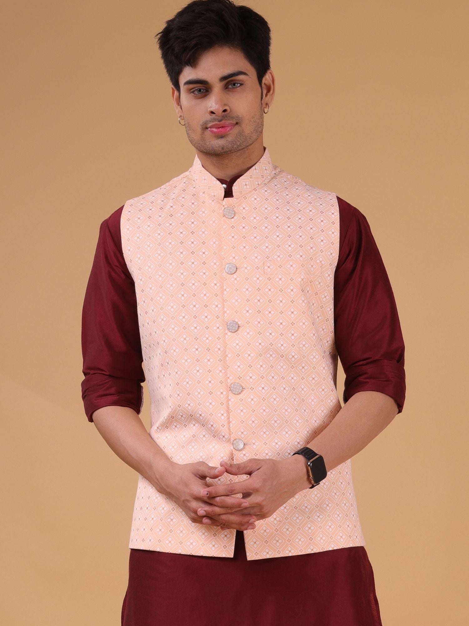 Barn Red Solid Pattern Cotton Silk Kurta Jacket Set