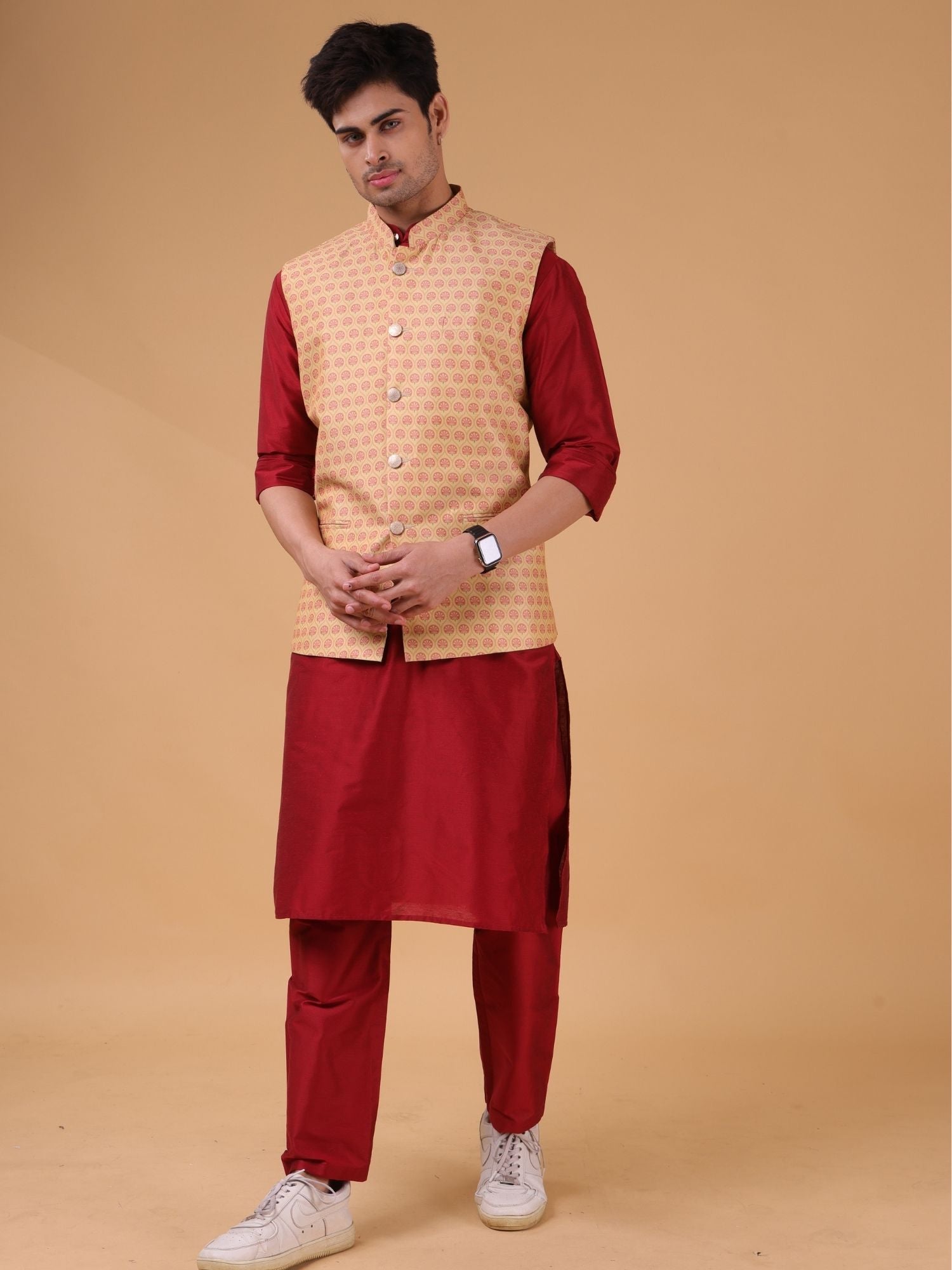 Barn Red Solid Pattern Cotton Silk Kurta Jacket Set