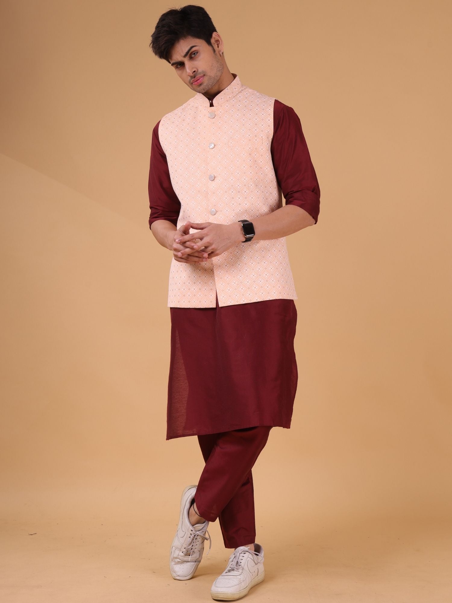 Barn Red Solid Pattern Cotton Silk Kurta Jacket Set