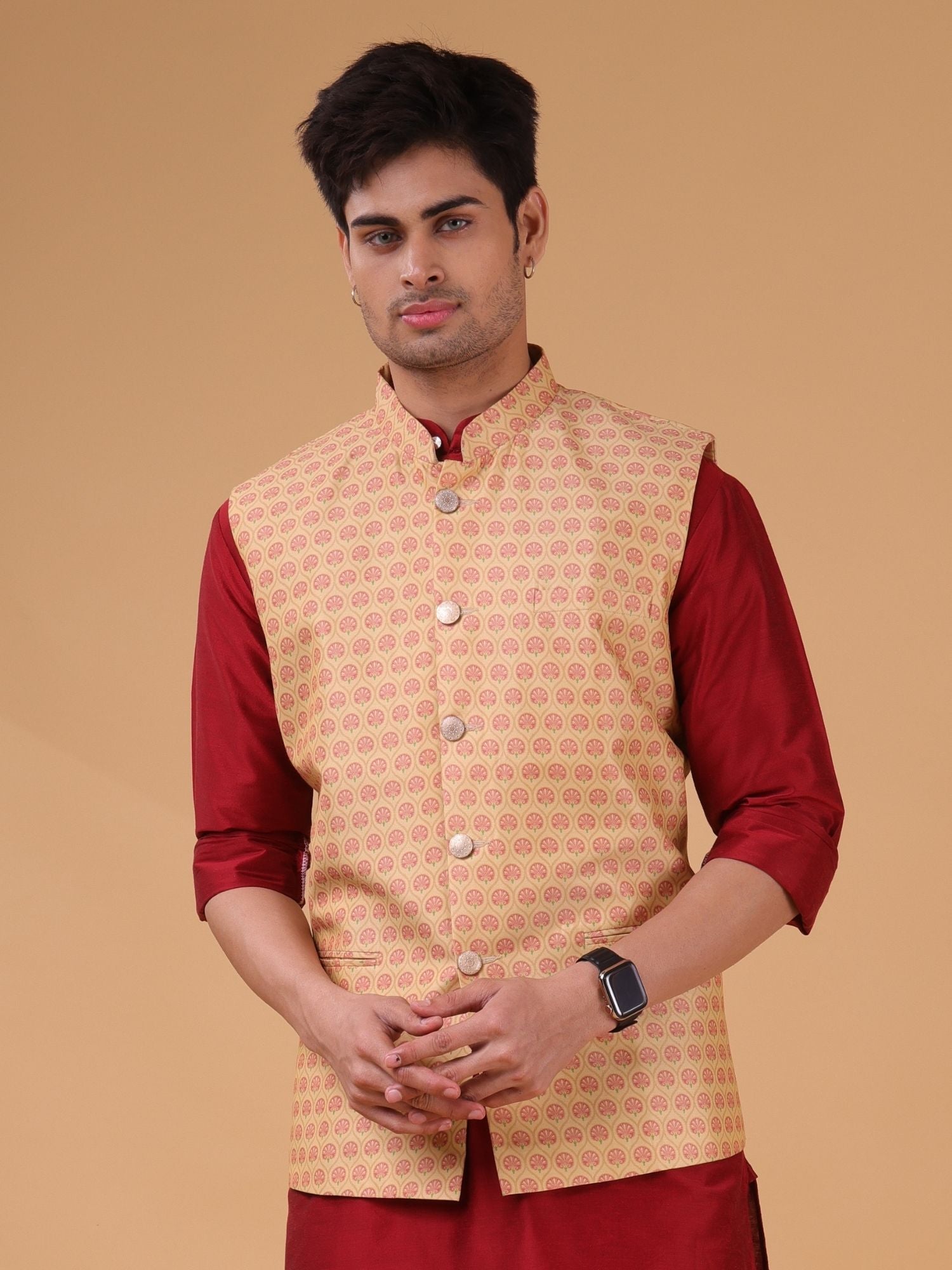 Barn Red Solid Pattern Cotton Silk Kurta Jacket Set