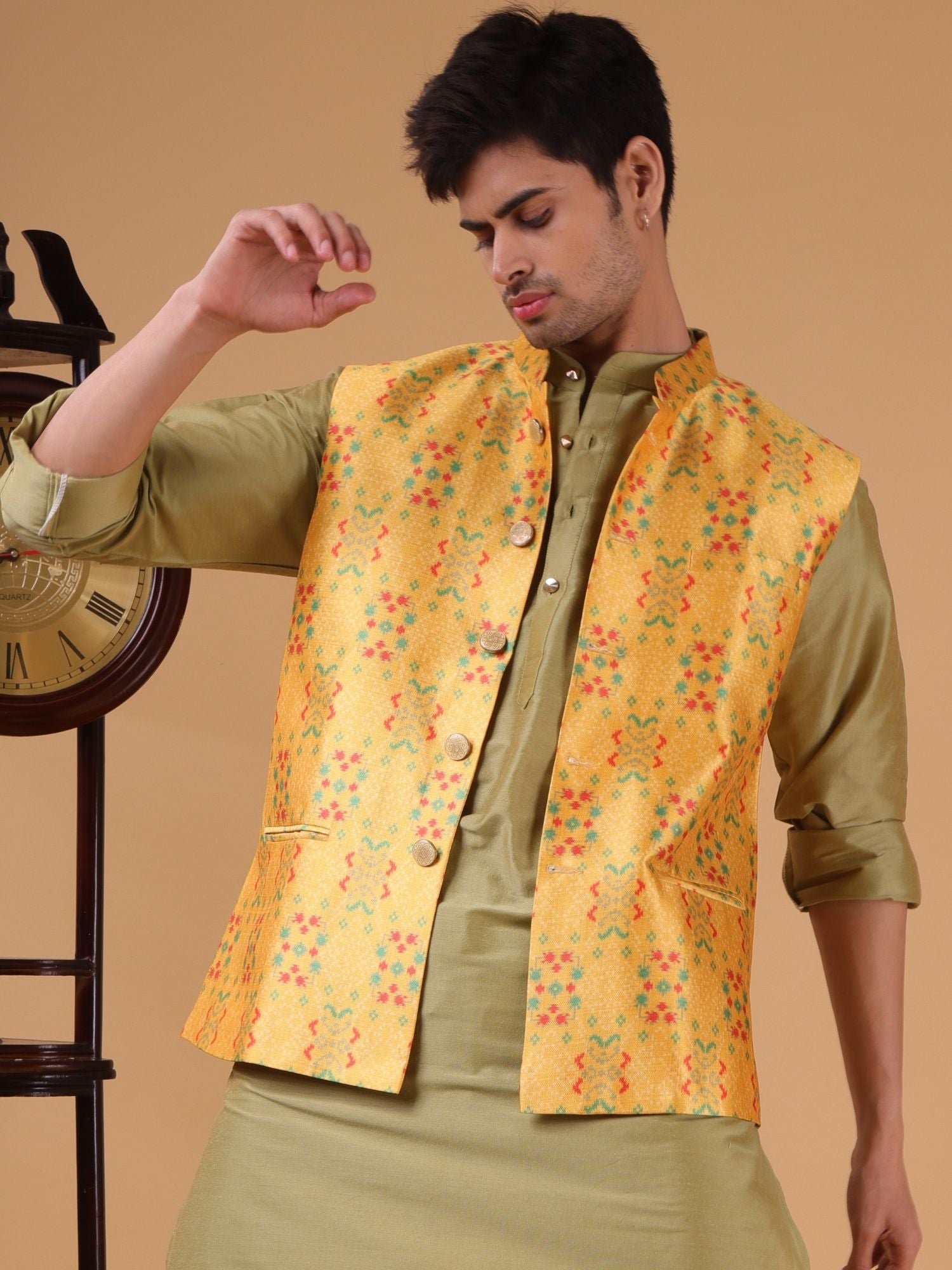 Sunshine Yellow Ikat Print Linen Cotton Nehru Jacket