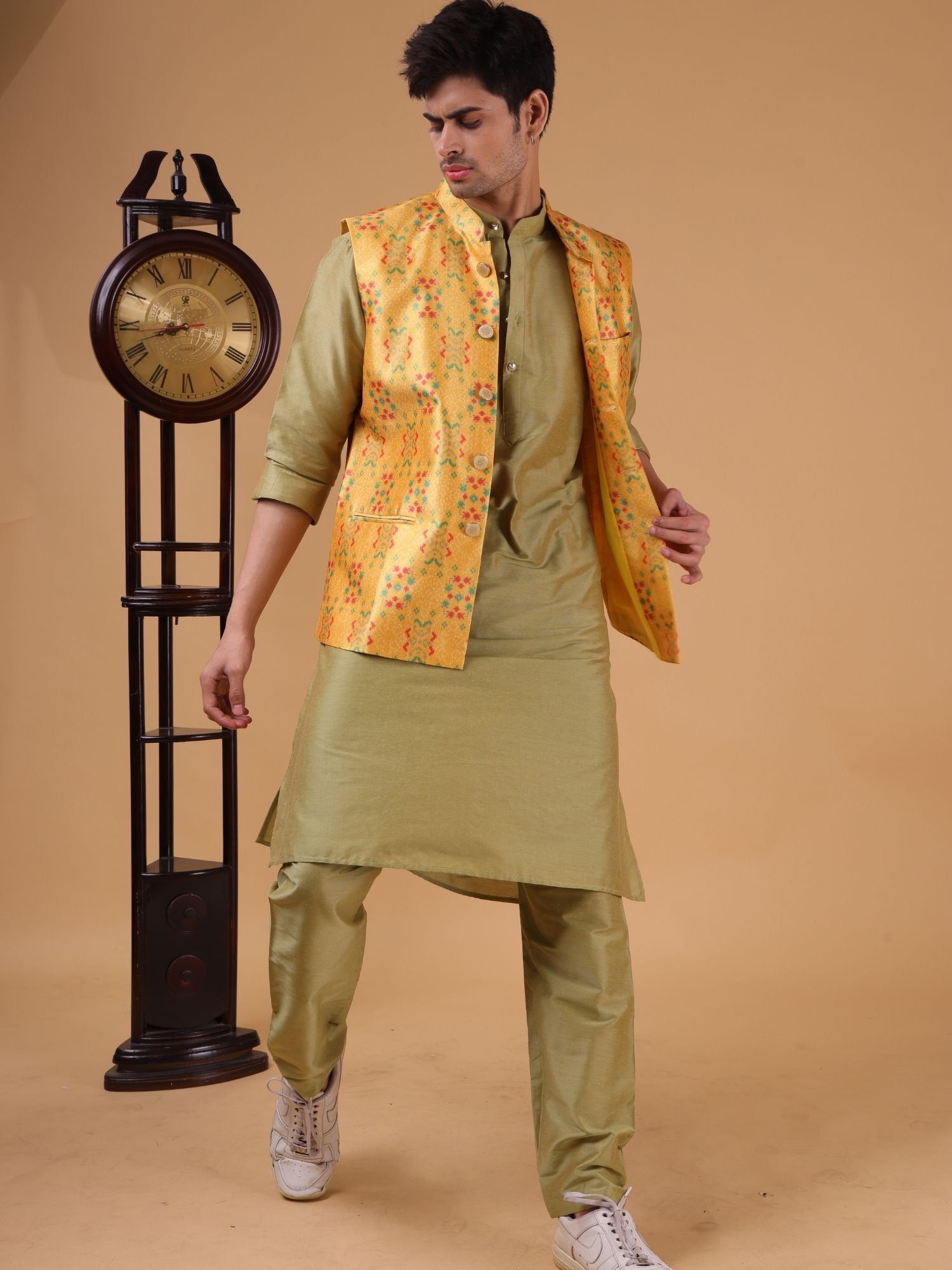 Tropical Green Solid Pattern  Cotton Silk Kurta Jacket Set