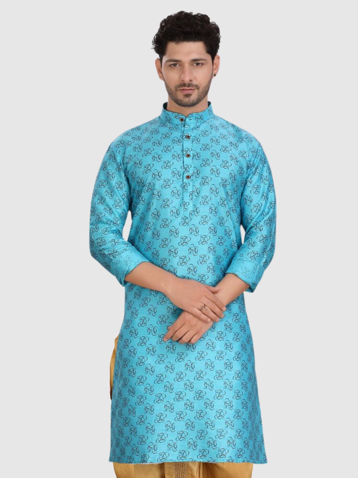 Iris Blue Printed Silk Kurta Petambari Dhoti Set