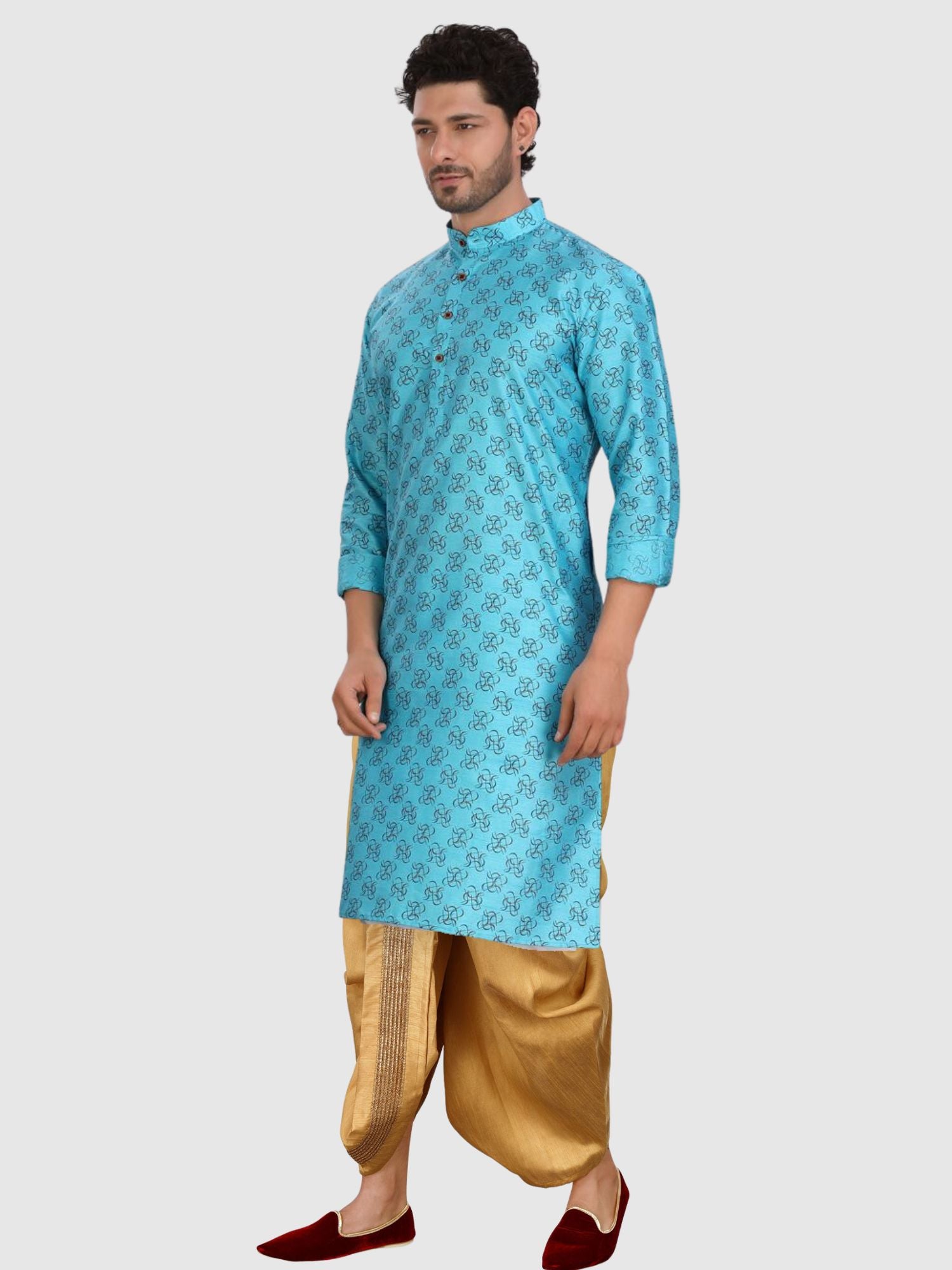 Iris Blue Printed Silk Kurta Petambari Dhoti Set