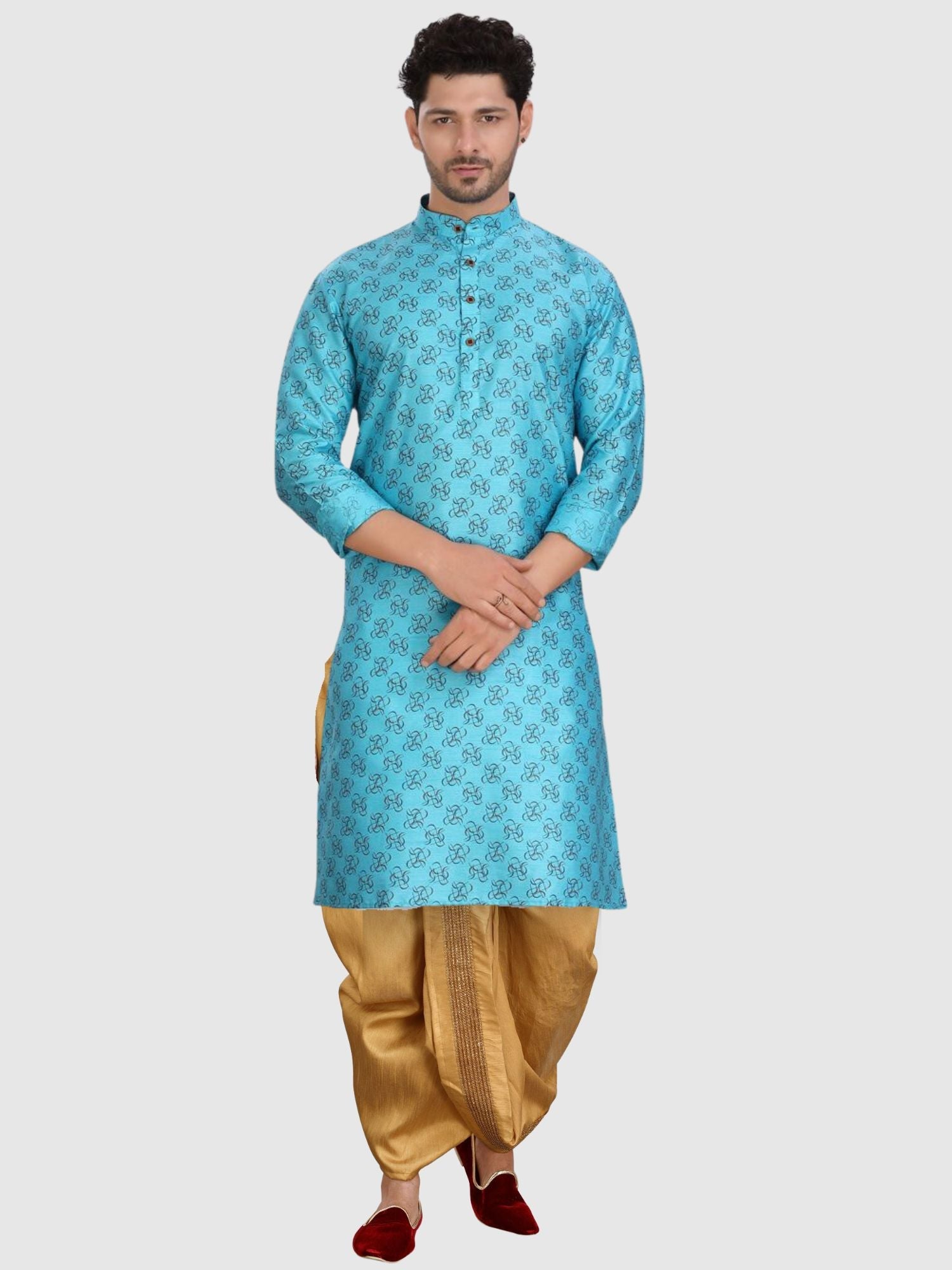 Iris Blue Printed Silk Kurta Petambari Dhoti Set