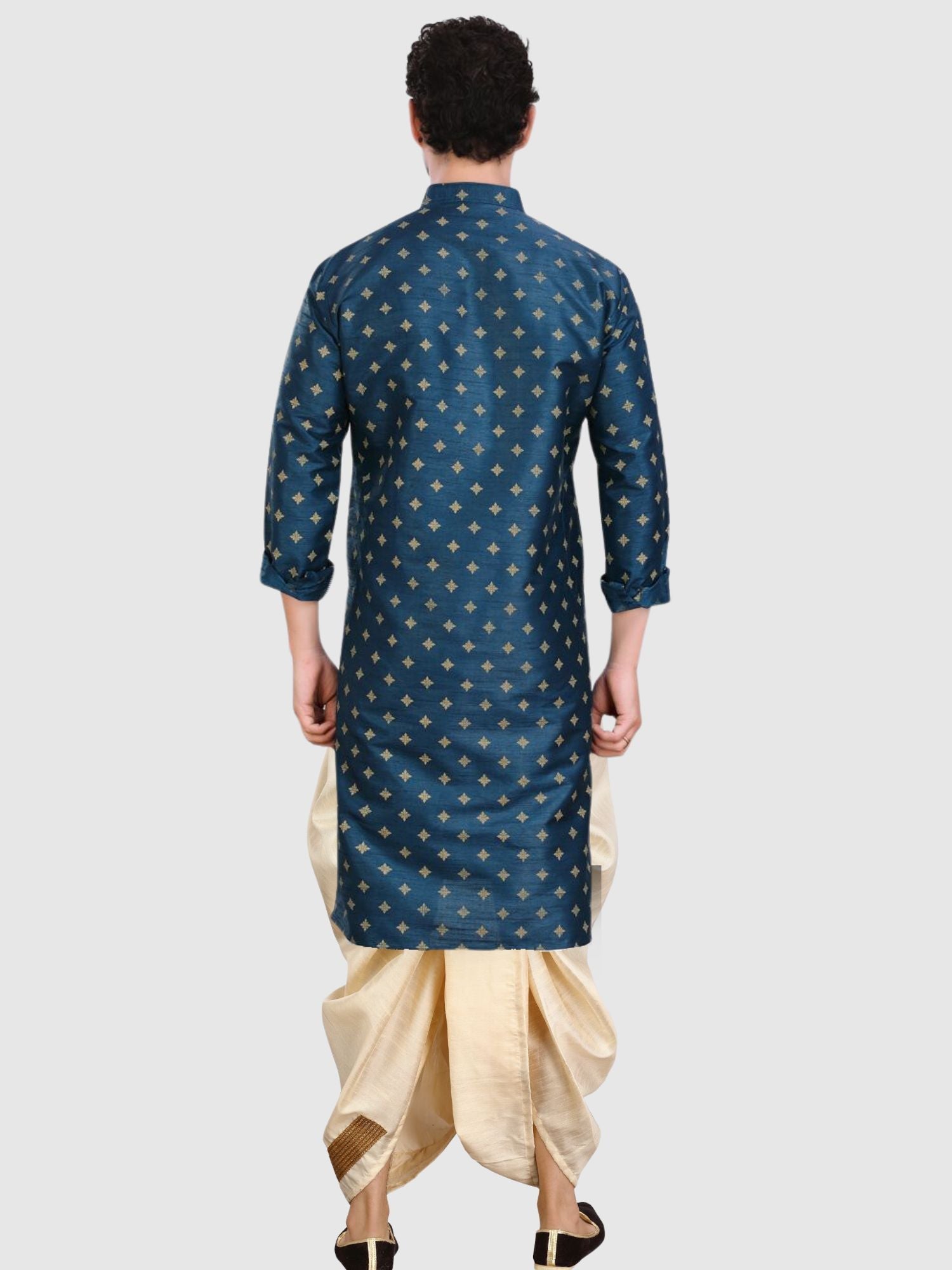 Navy Blue Printed Silk Kurta Petambari Dhoti Set