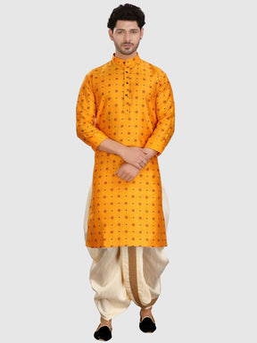 SunShine Yellow Printed Silk Kurta Petambari Dhoti Set