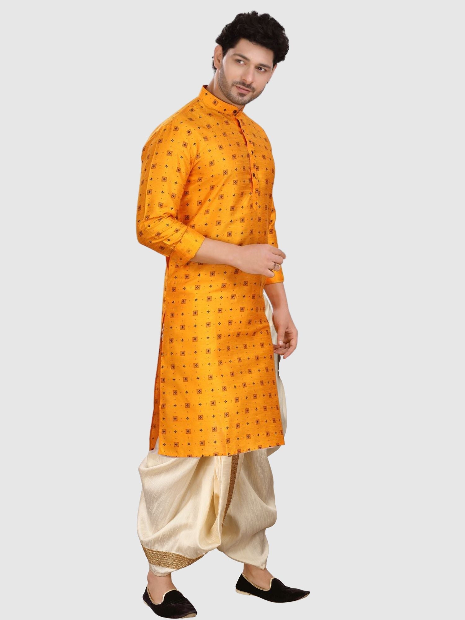 SunShine Yellow Printed Silk Kurta Petambari Dhoti Set