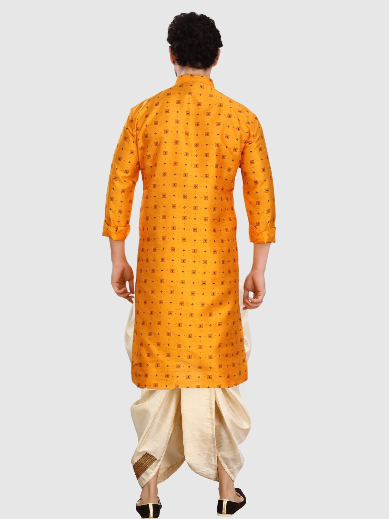 SunShine Yellow Printed Silk Kurta Petambari Dhoti Set