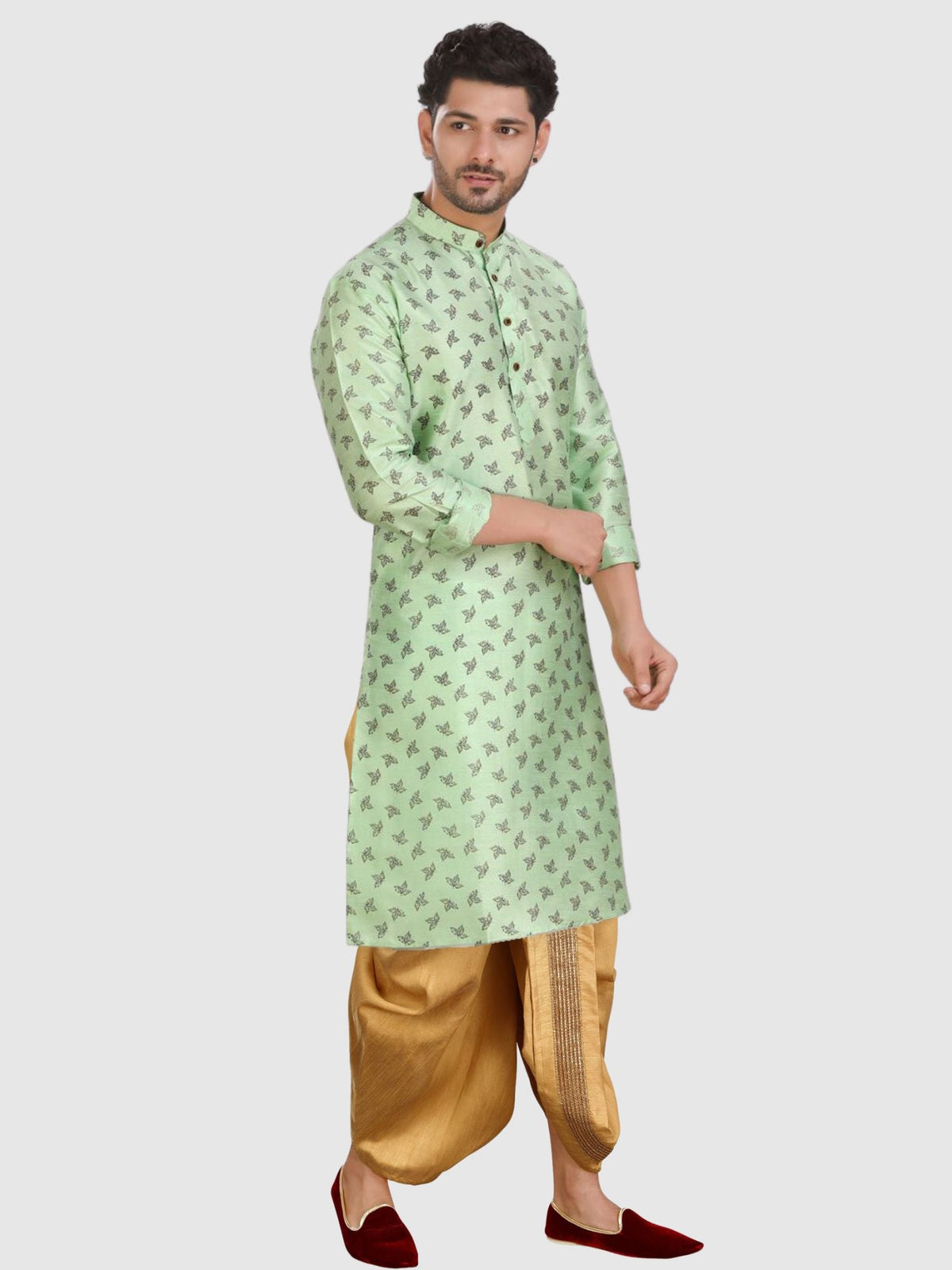 Pistachio Green Printed Silk Kurta Petambari Dhoti Set