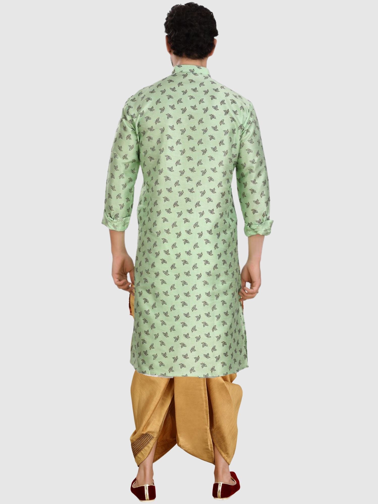 Pistachio Green Printed Silk Kurta Petambari Dhoti Set