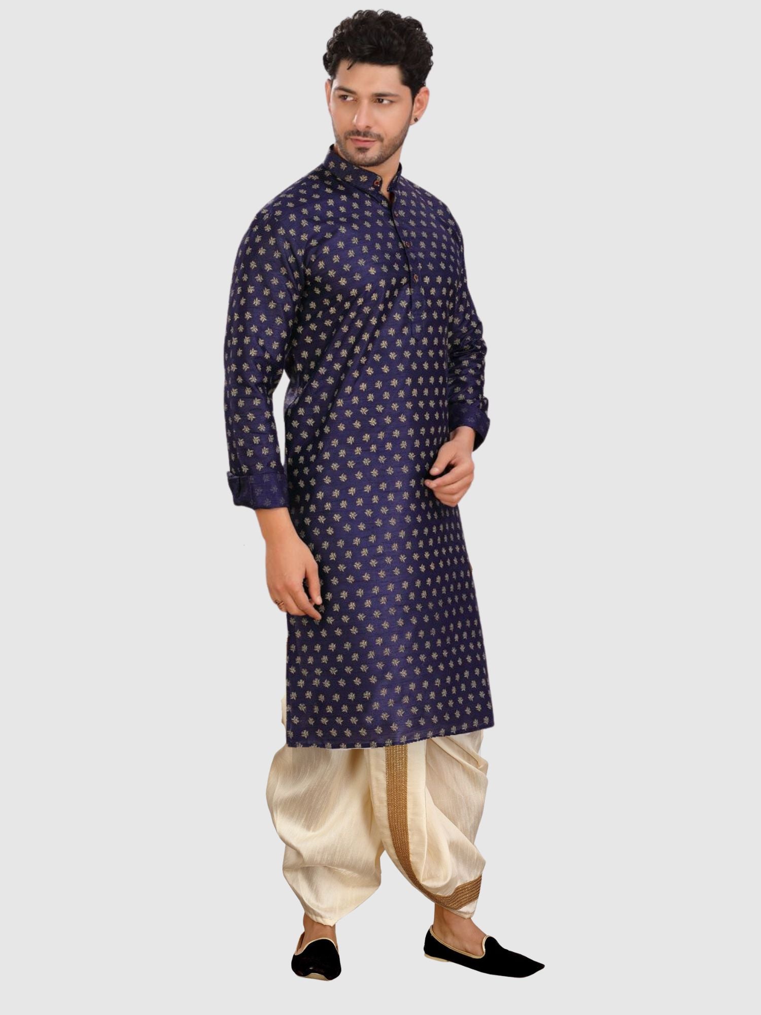 Azure Blue  Printed Silk Kurta Petambari Dhoti Set