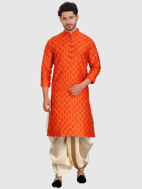 Tiger Orange  Printed Silk Kurta Petambari Dhoti Set