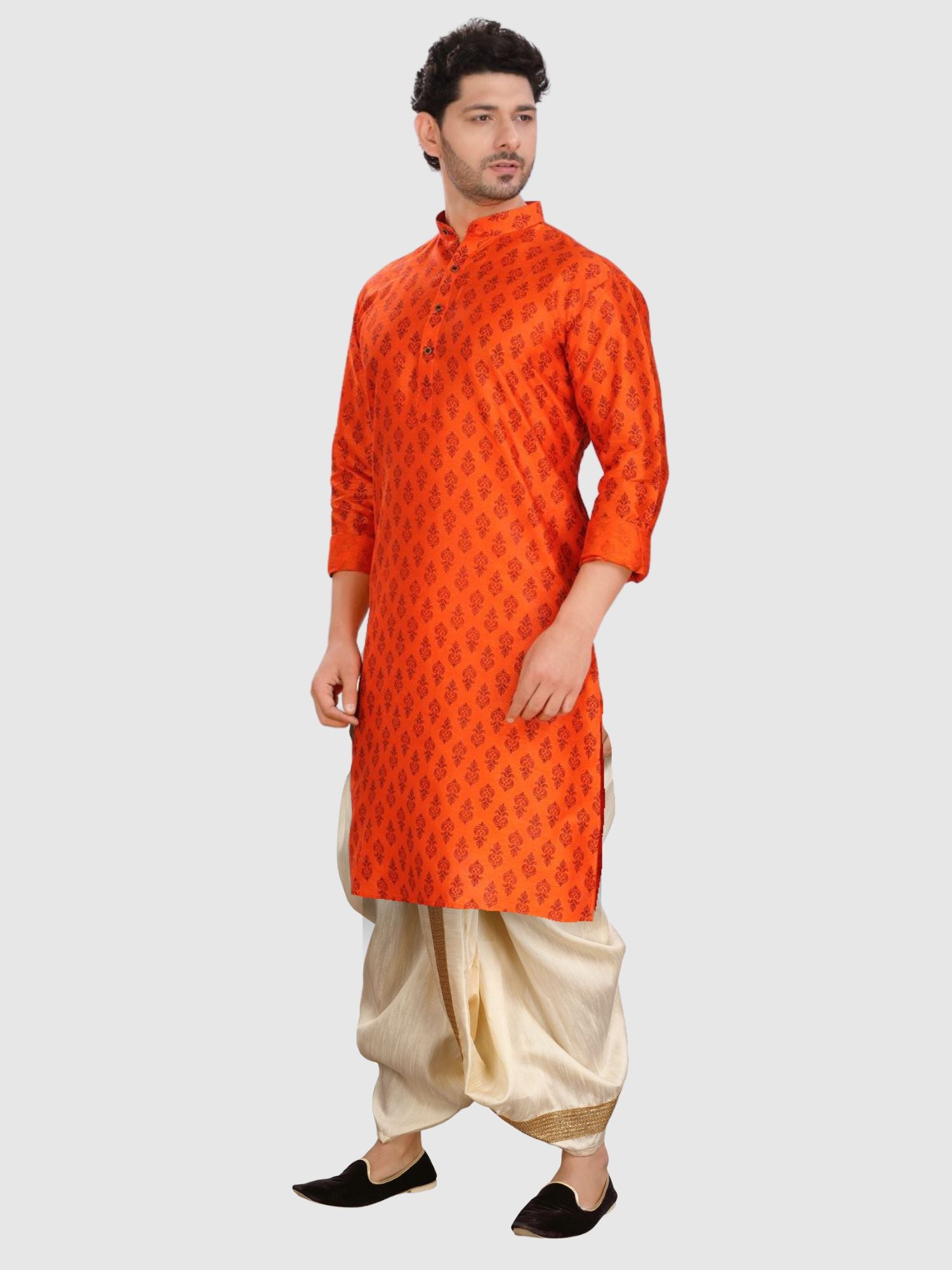 Tiger Orange  Printed Silk Kurta Petambari Dhoti Set