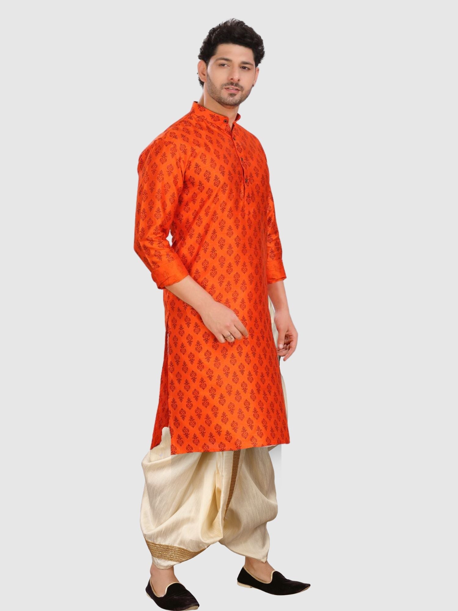 Tiger Orange  Printed Silk Kurta Petambari Dhoti Set