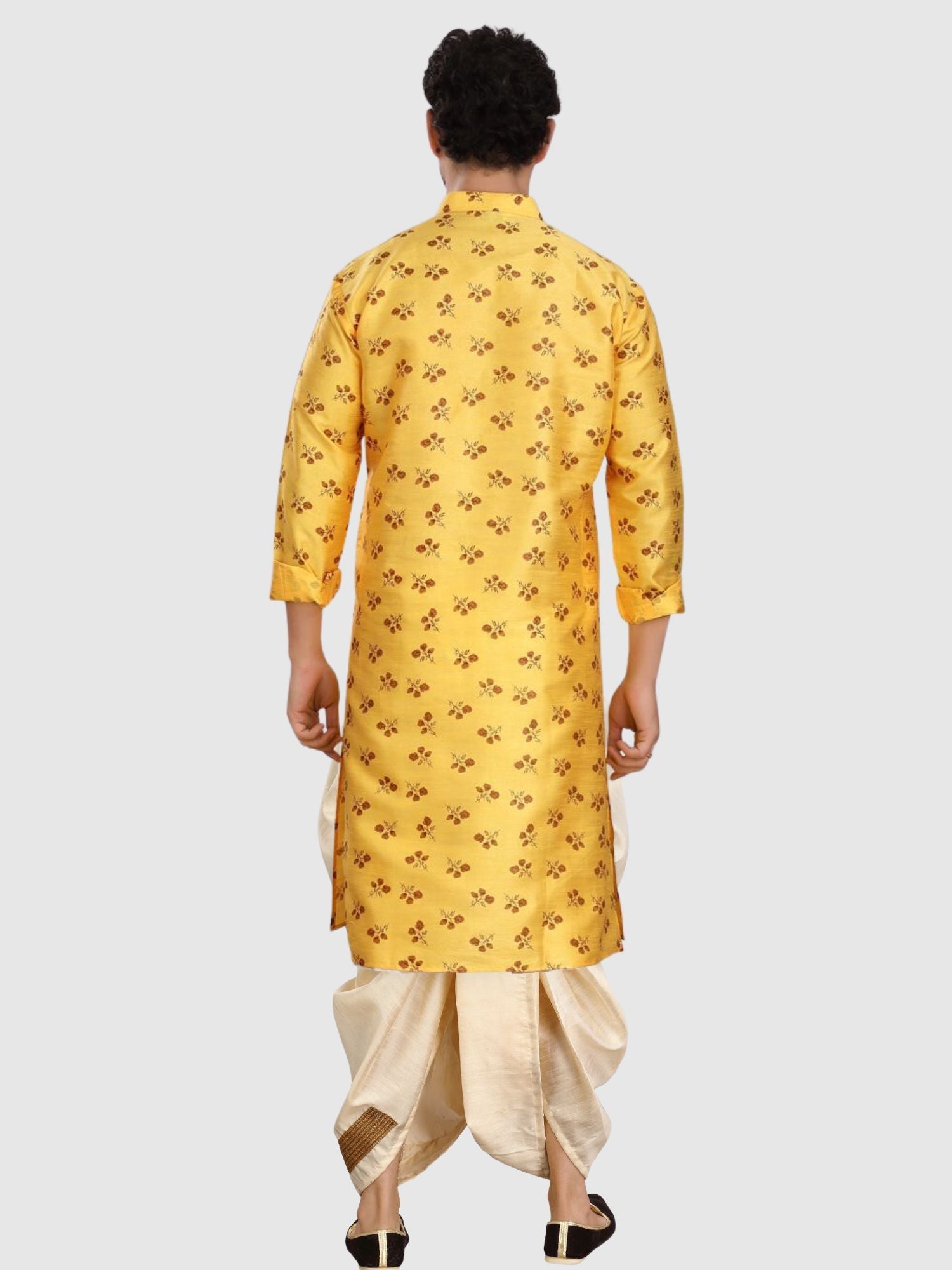 Mellow Yellow Printed Silk Kurta Petambari Dhoti Set