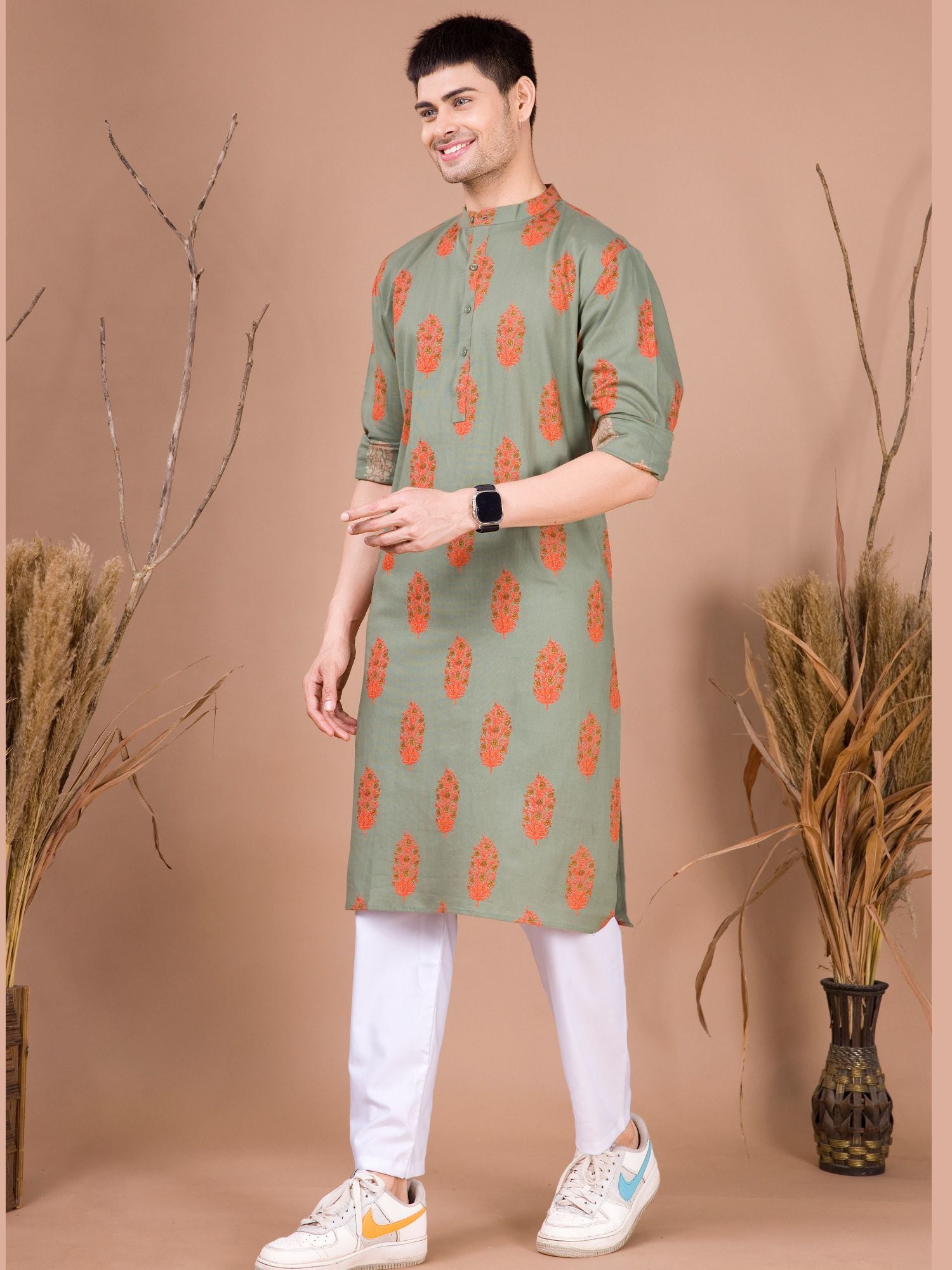 Tropical Green Printed Cotton Kurta Pajama Set