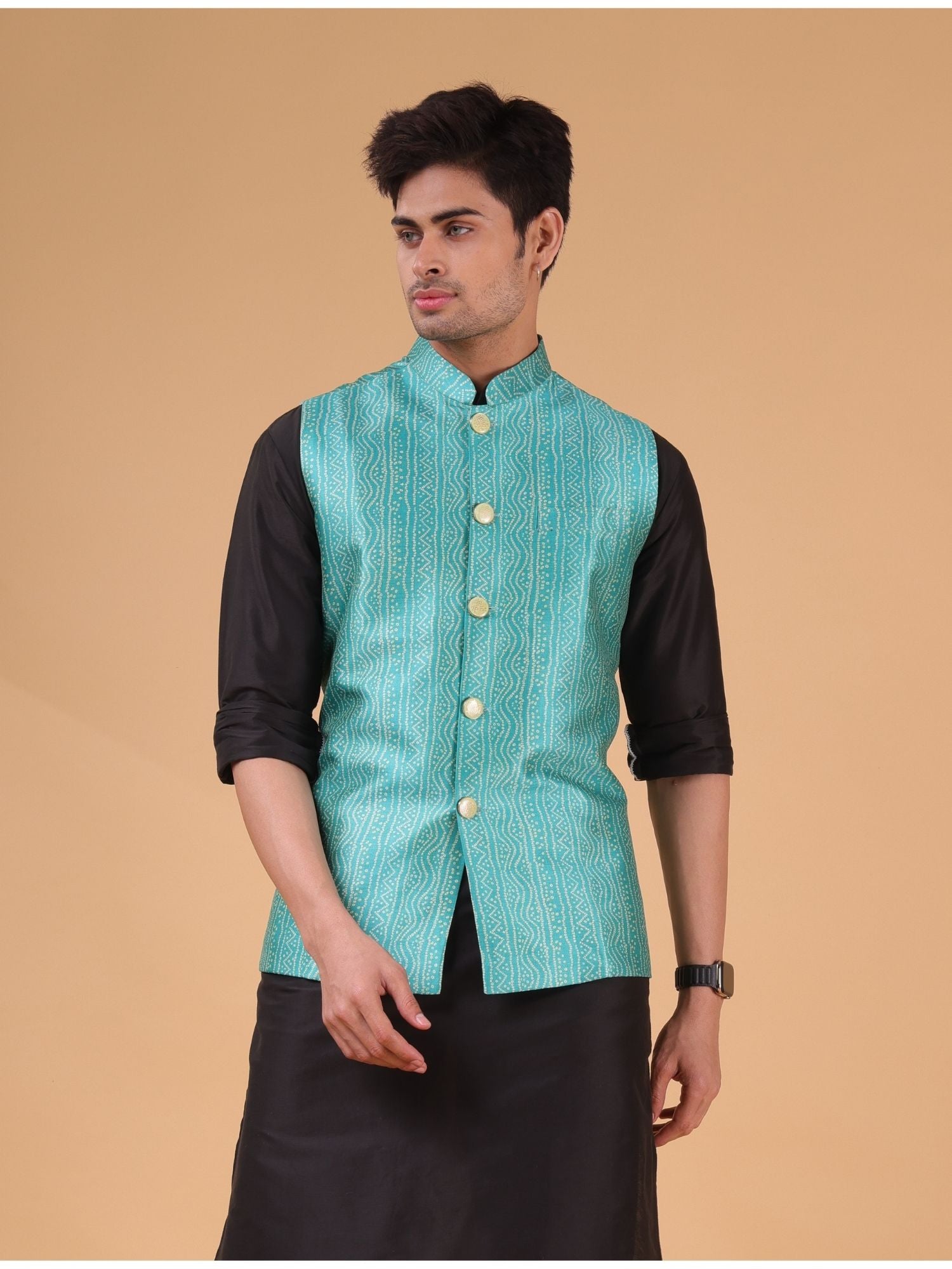 Jade Black Solid Pattern Cotton Silk Kurta Jacket Set