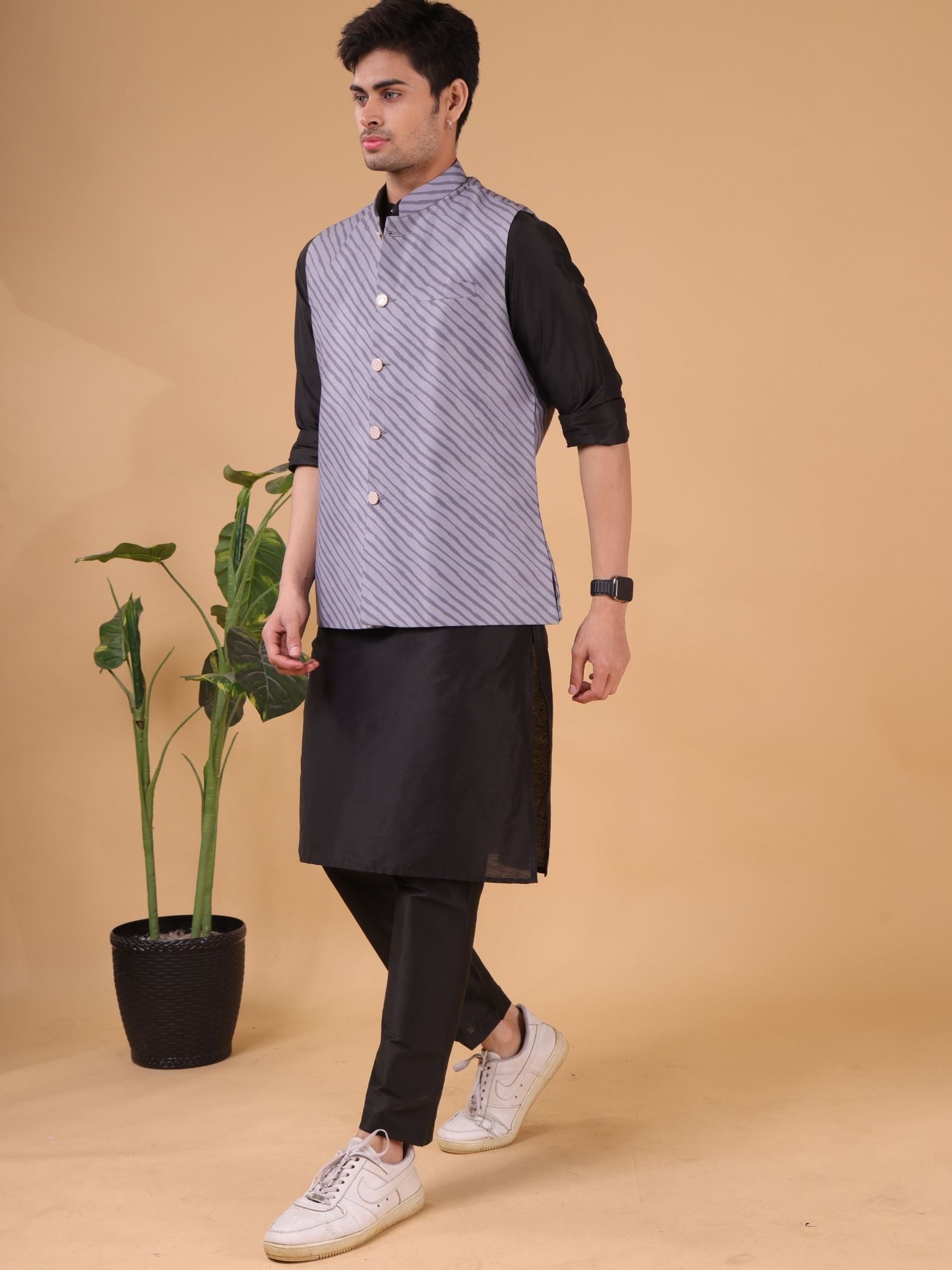 Jade Black Solid Pattern Cotton Silk Kurta Jacket Set