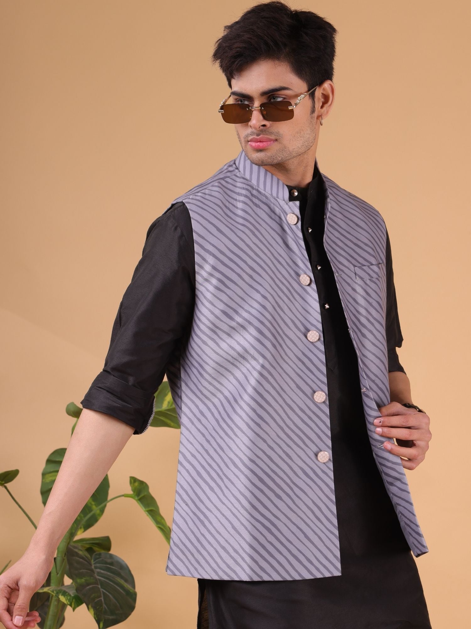 Jade Black Solid Pattern Cotton Silk Kurta Jacket Set