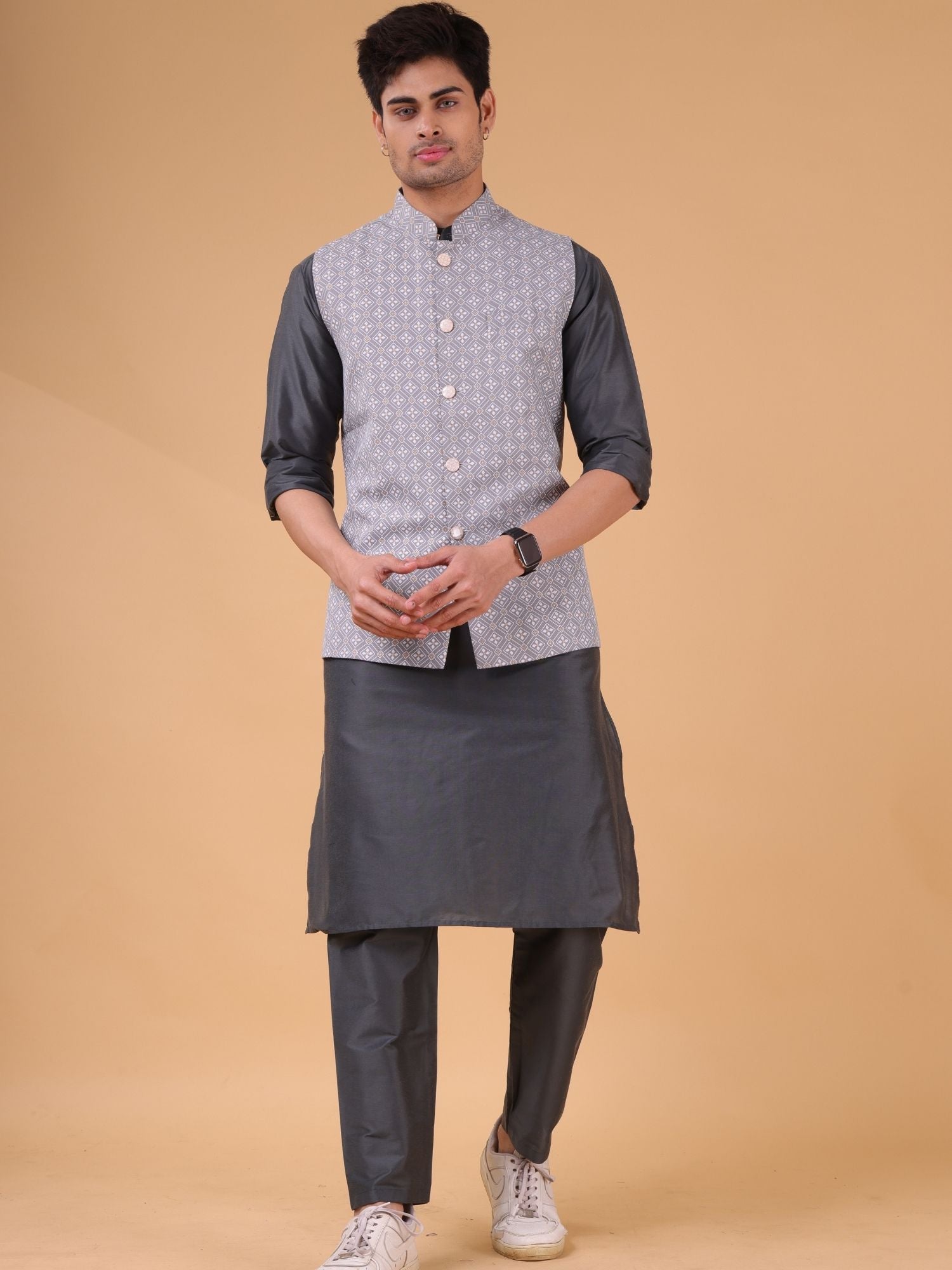 Metal Grey Solid Pattern Cotton Silk Kurta Jacket Set