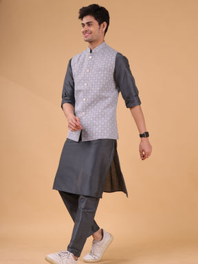 Metal Grey Solid Pattern Cotton Silk Kurta Jacket Set