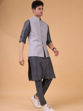 Metal Grey Solid Pattern Cotton Silk Kurta Jacket Set