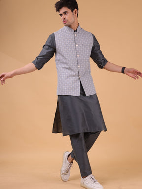 Metal Grey Solid Pattern Cotton Silk Kurta Jacket Set