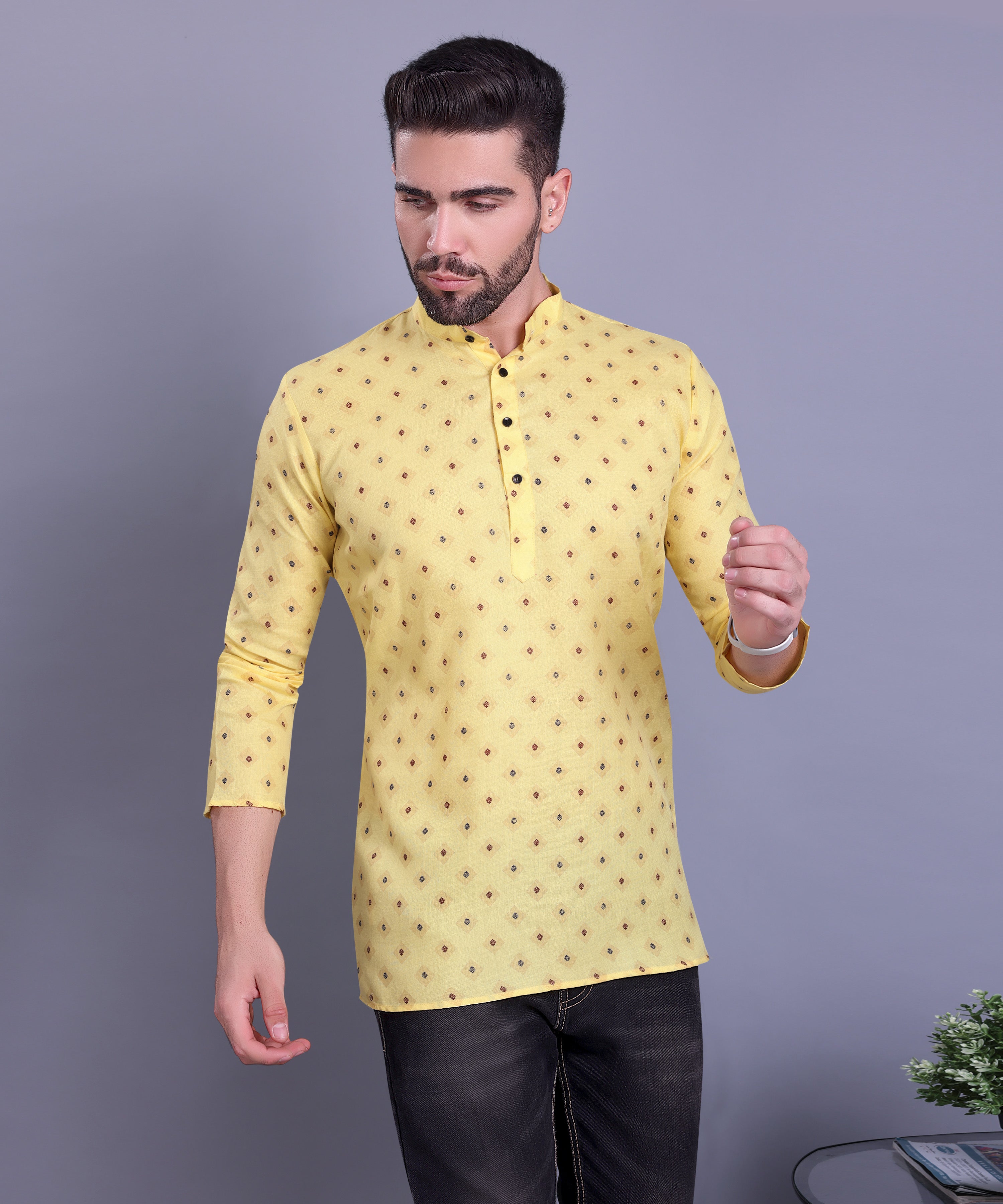 Shine Of Yellow Hloom Printed Short Cotton  Kurta