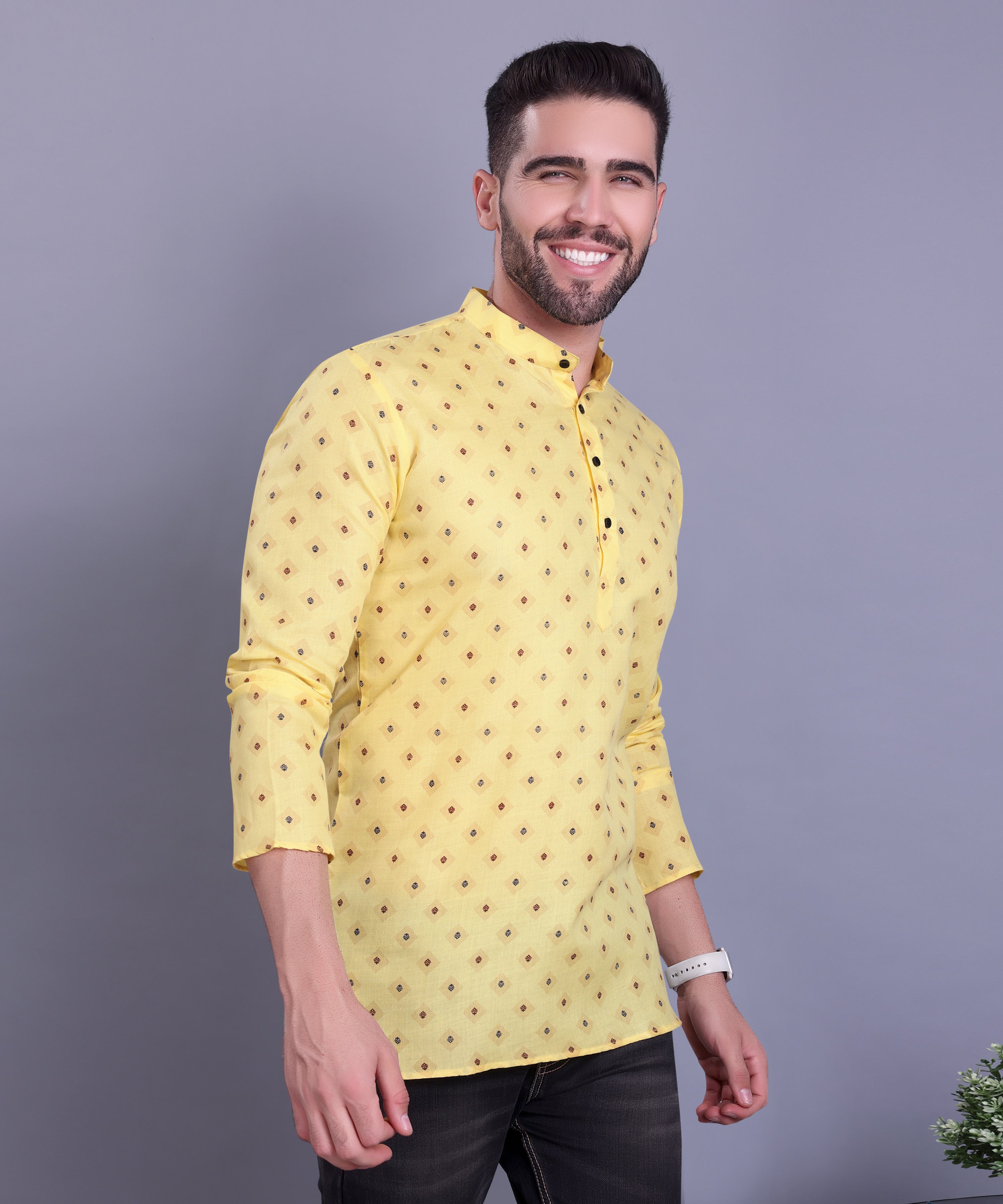 Shine Of Yellow Hloom Printed Short Cotton  Kurta