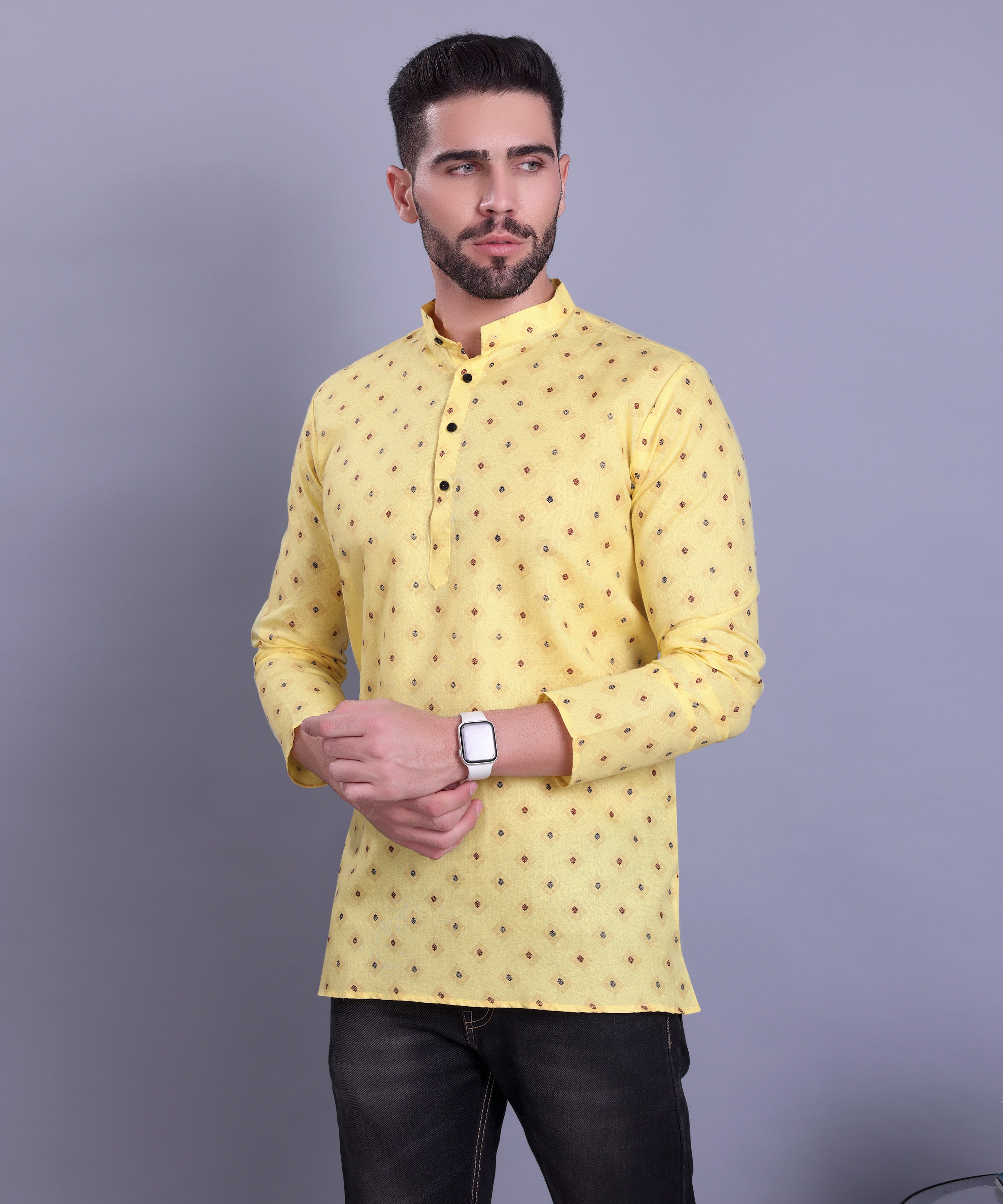 Shine Of Yellow Hloom Printed Short Cotton  Kurta