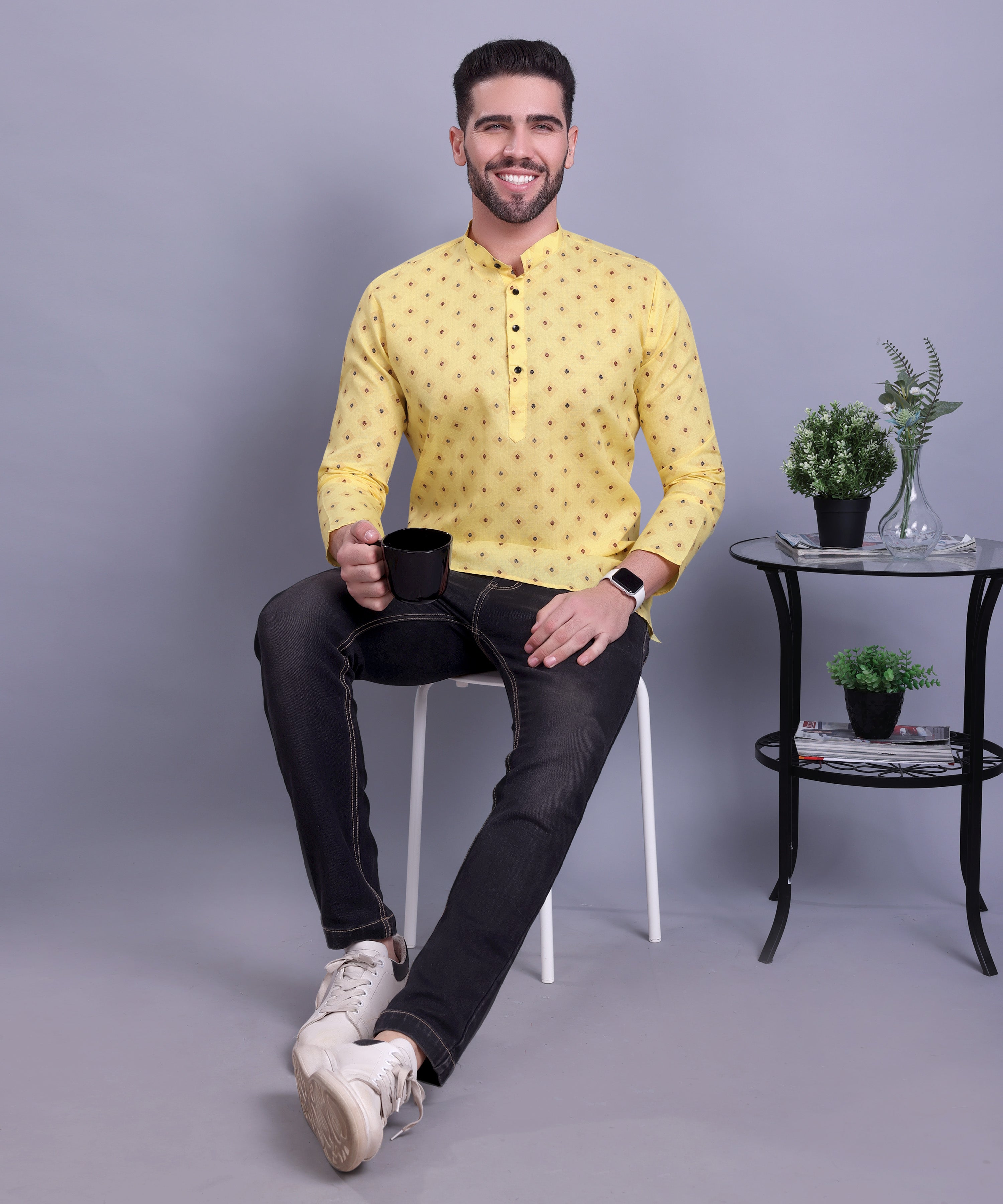 Shine Of Yellow Hloom Printed Short Cotton  Kurta