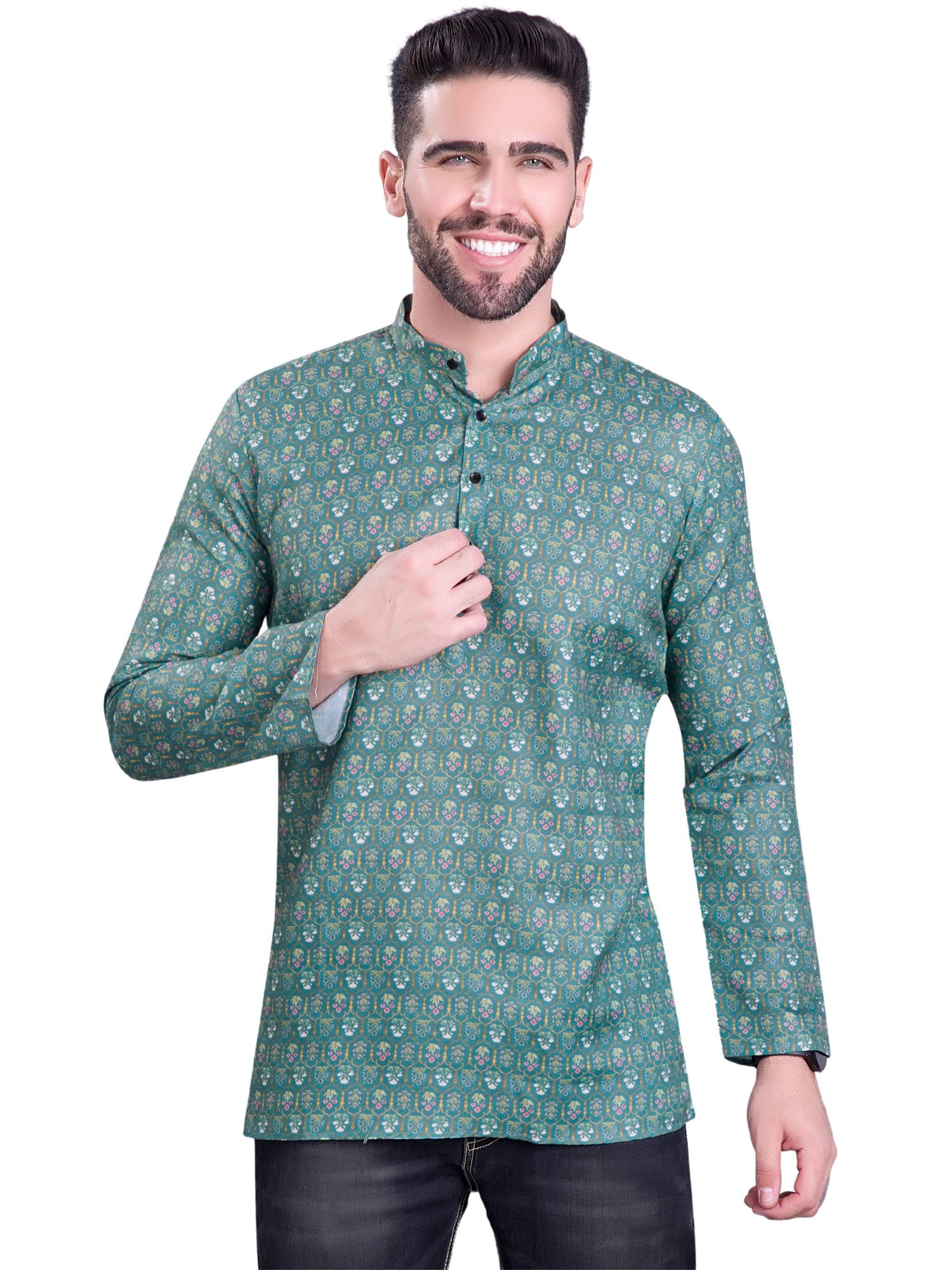 Forest Green Indi Print  Short Cotton Kurta