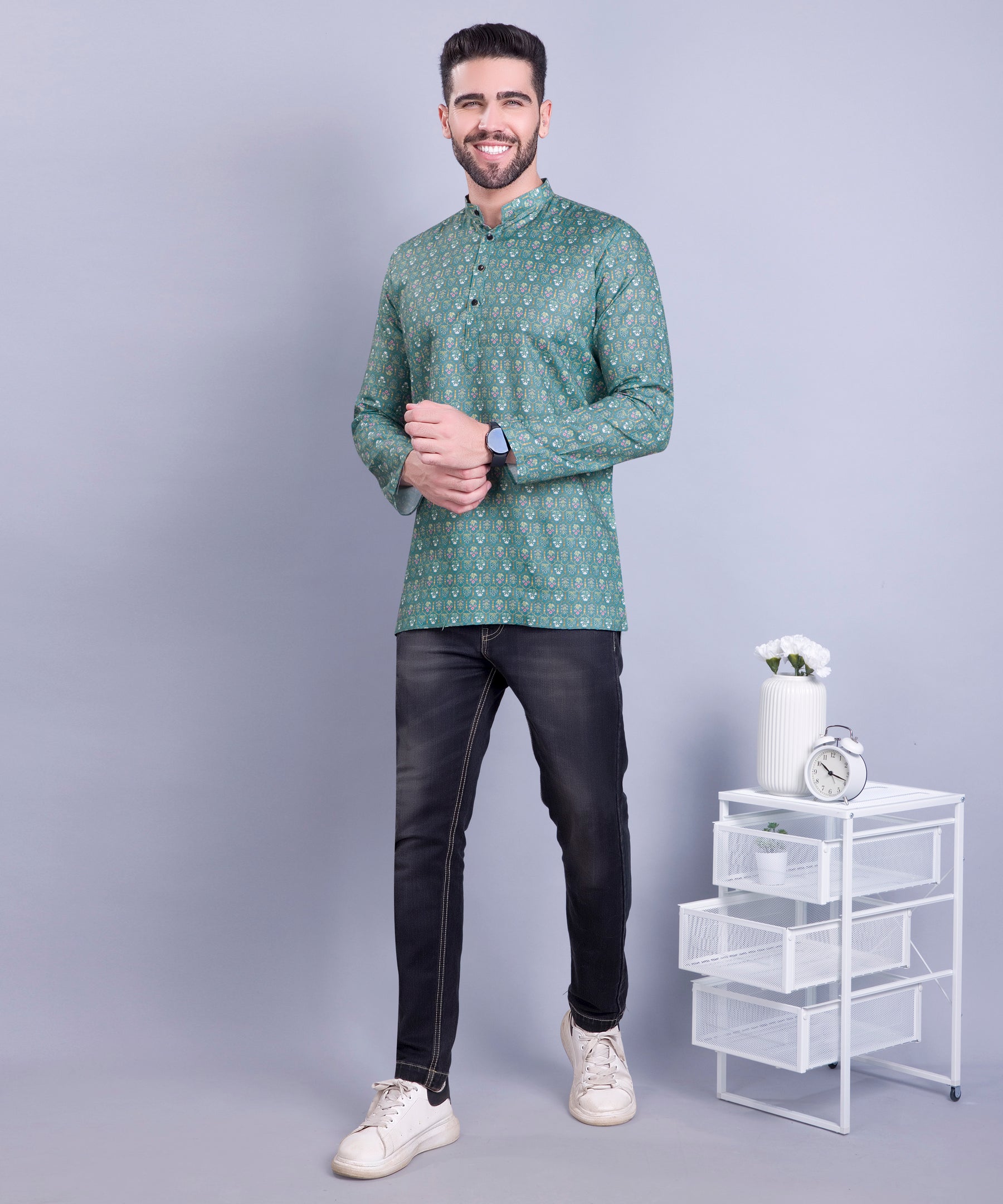 Forest Green Indi Print  Short Cotton Kurta