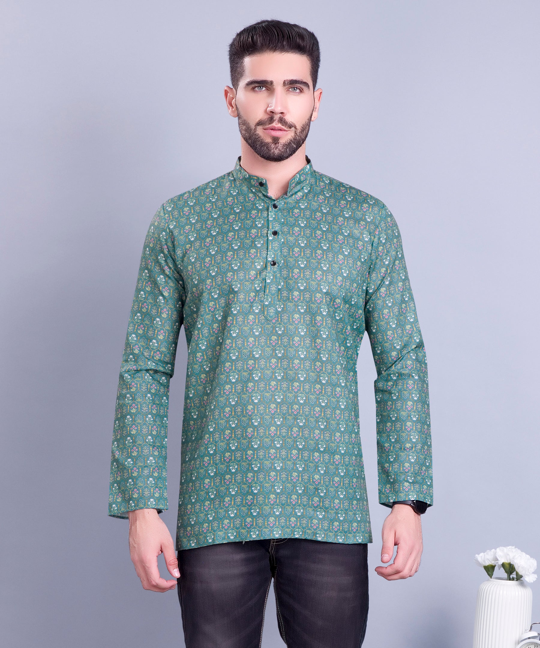 Forest Green Indi Print  Short Cotton Kurta