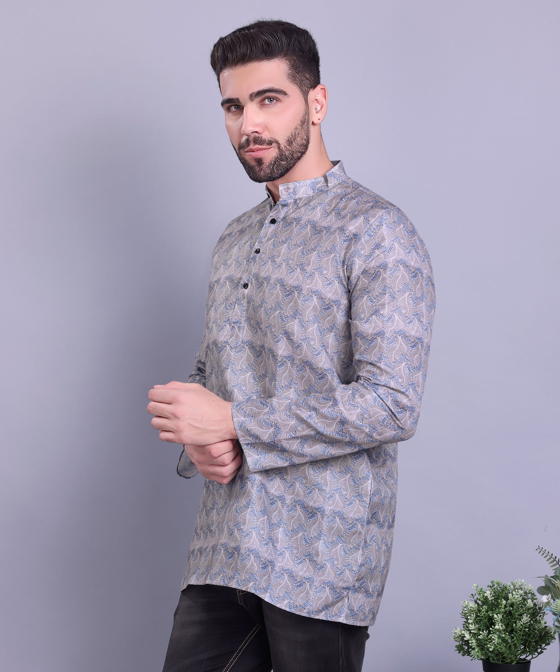 Metal Grey Indi Print  Short Cotton Kurta