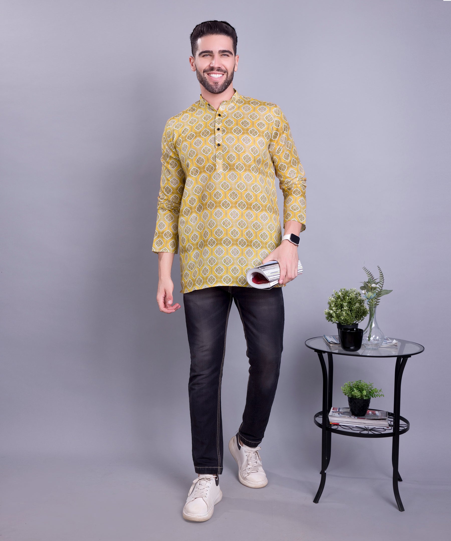 Sun Shine Yellow Indi Print  Short Cotton Kurta