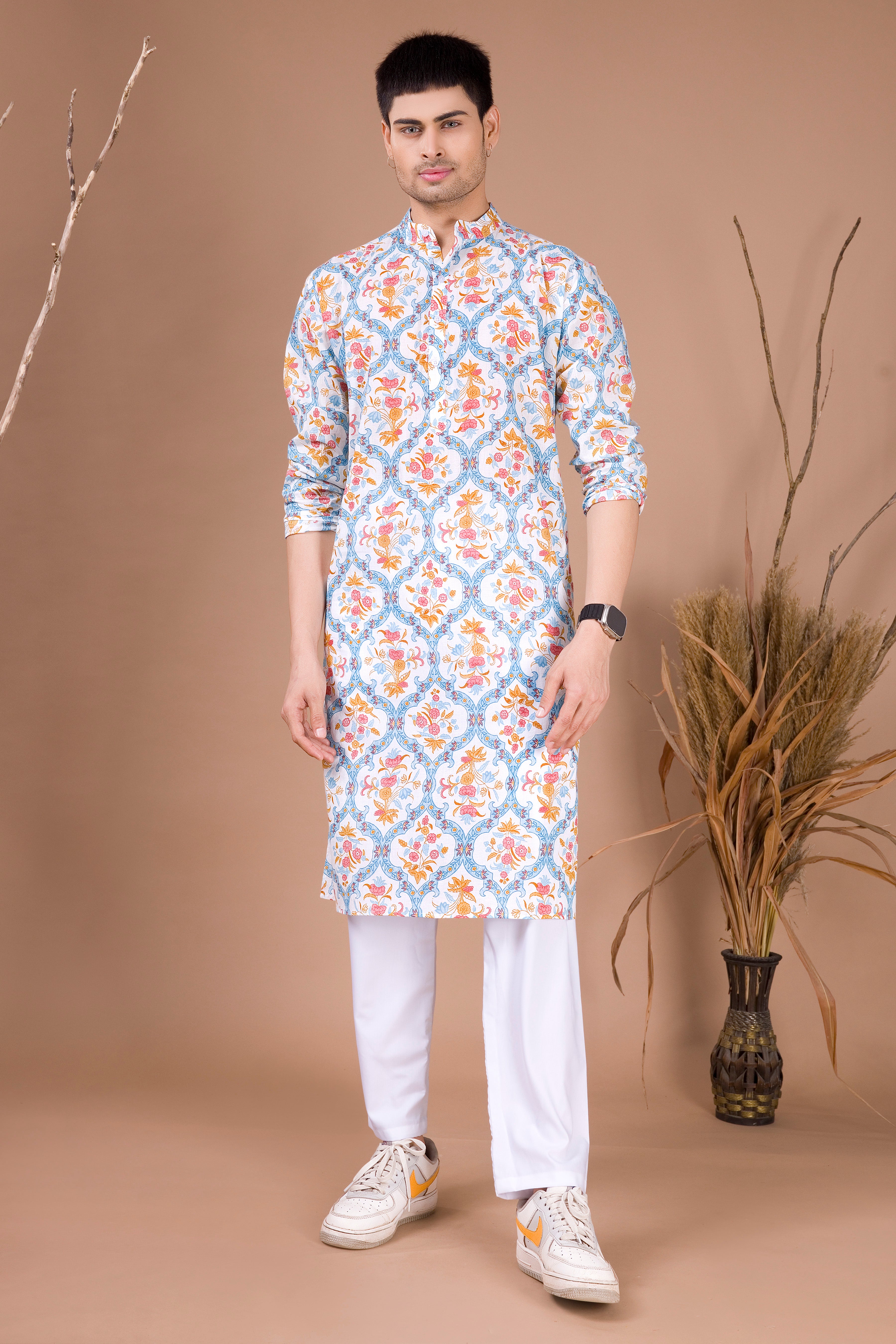 Azure Blue Paisley Design Cotton Kurta