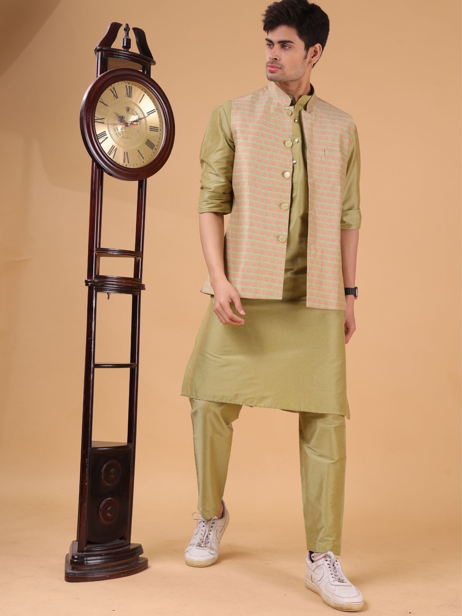 Mint Green Solid Pattern Cotton Silk Kurta Jacket Set