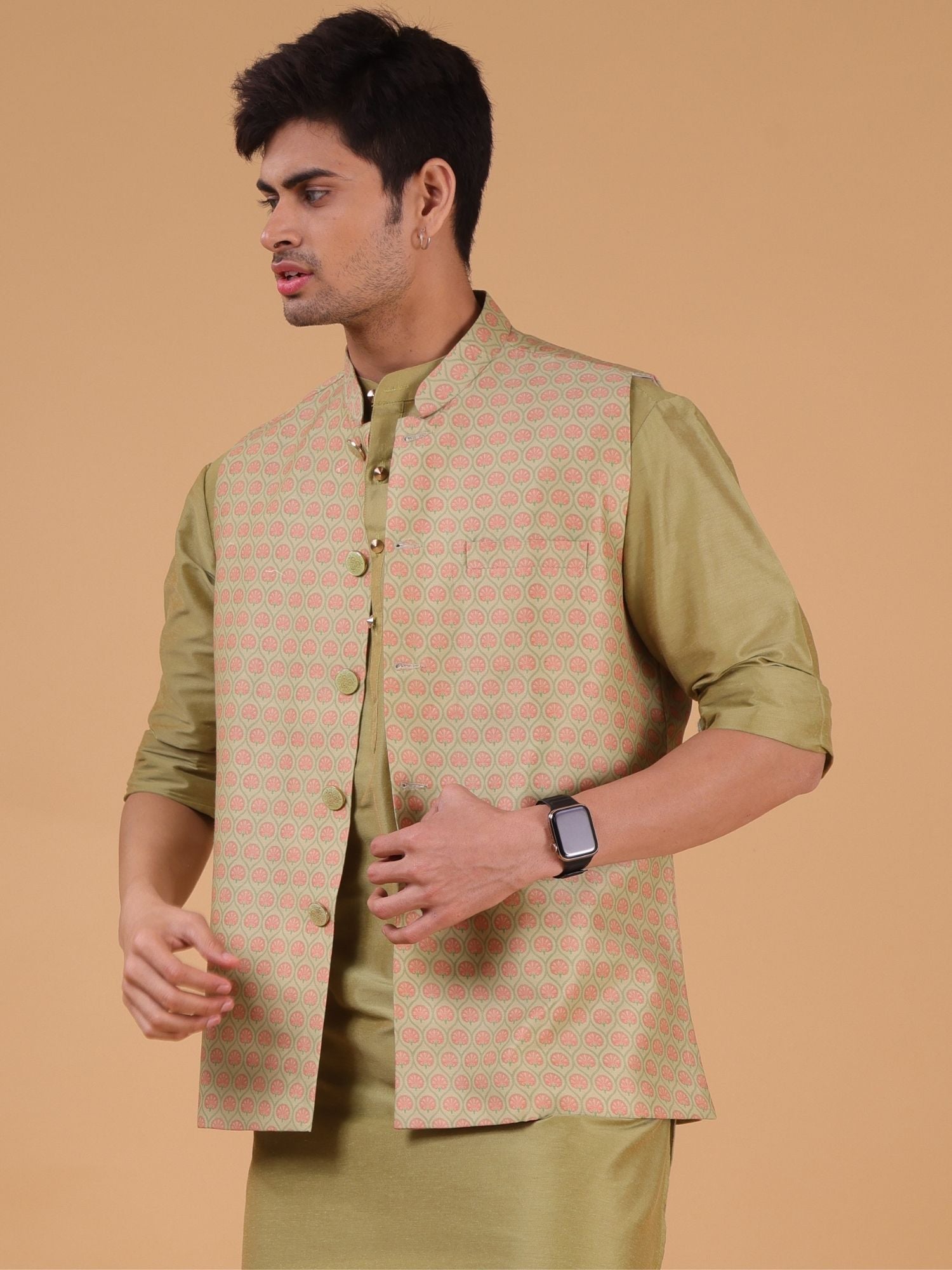 Mint Green Solid Pattern Cotton Silk Kurta Jacket Set