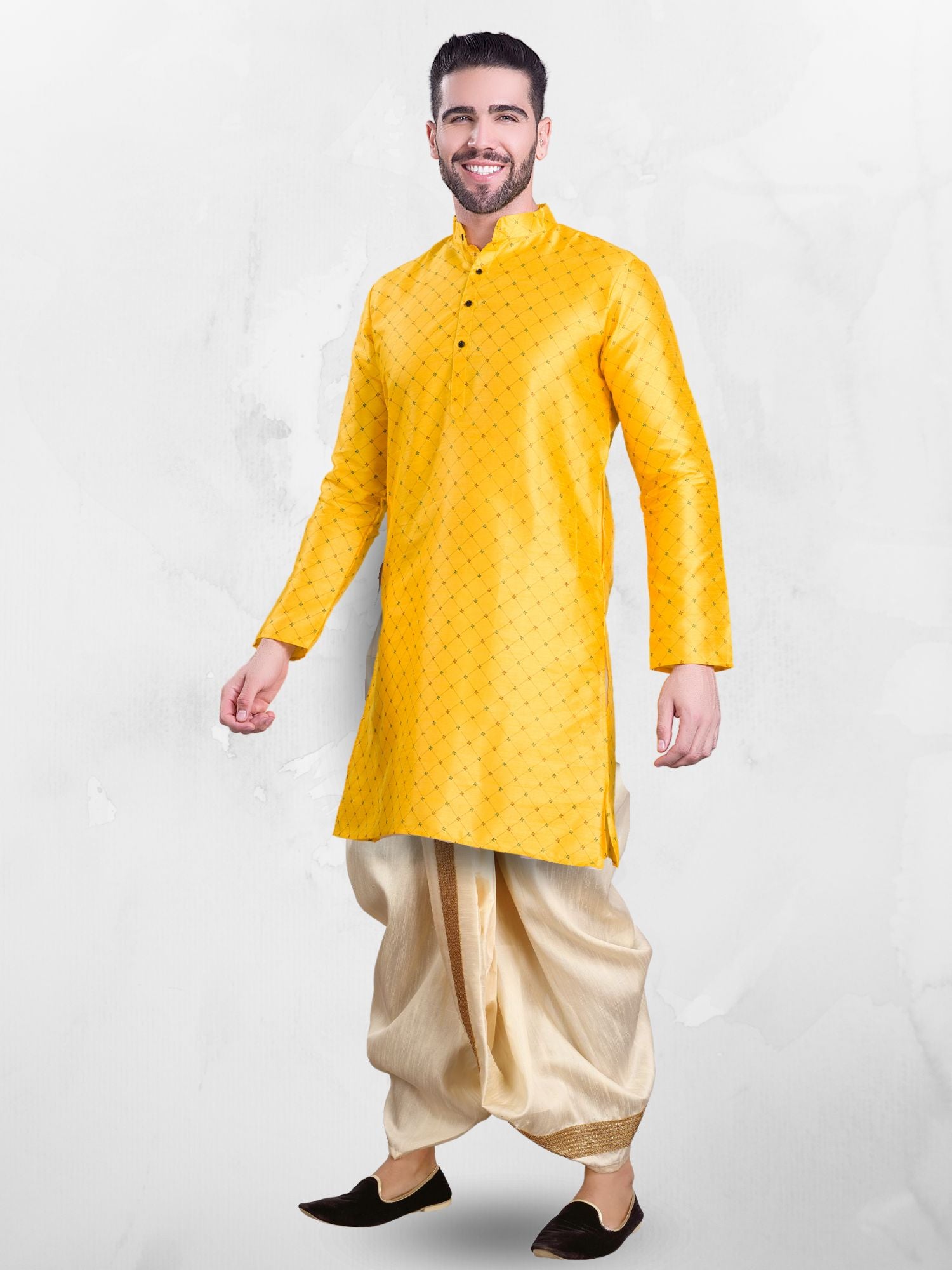 Shine Of Yellow Hloom Printed  Silk Kurta Dhoti Set