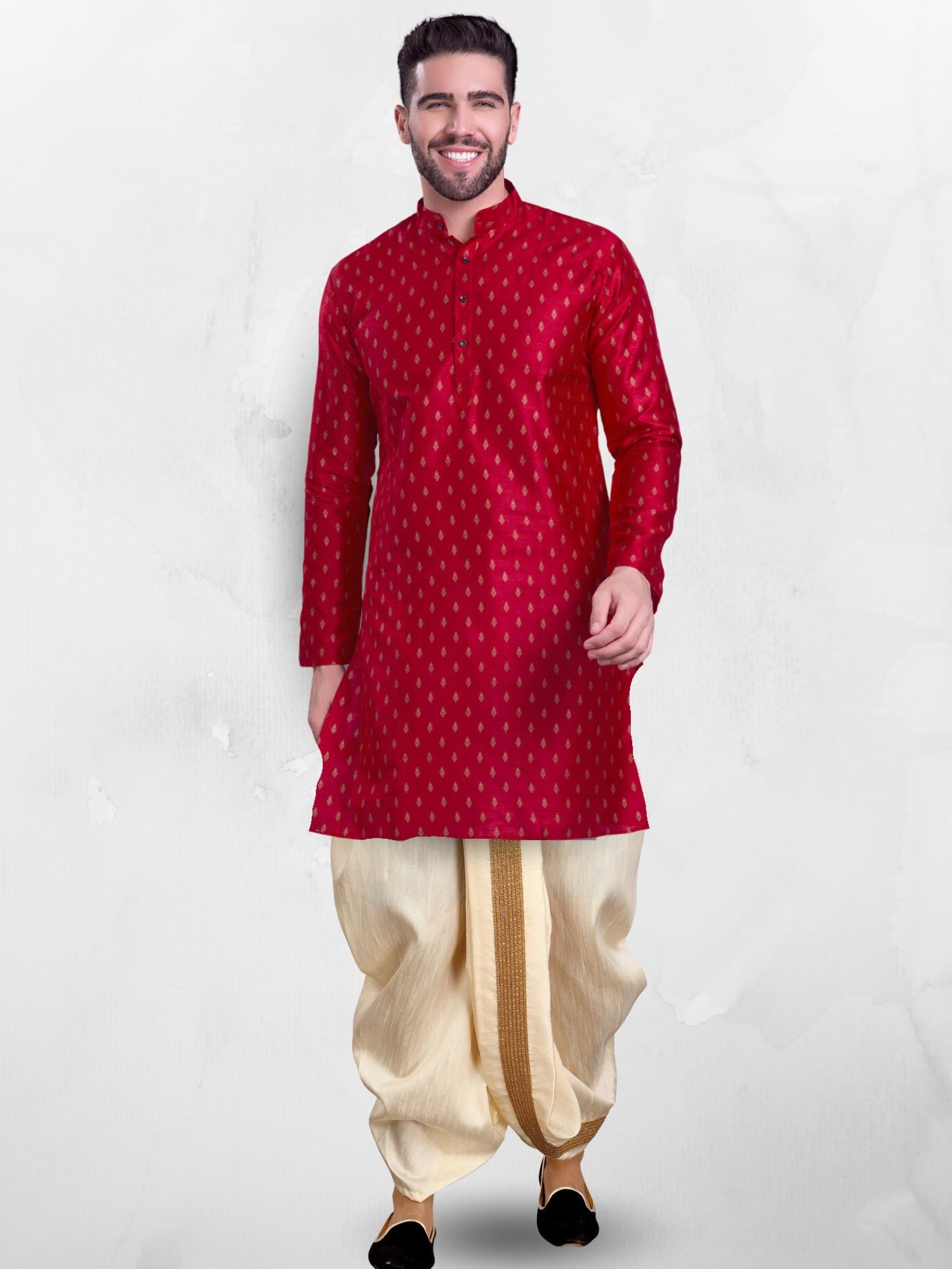 Barn Red Hloom Printed  Silk Kurta Dhoti Set