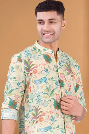 Shine Of Yellow Tropical Paradise Cotton Kurta Peshawari Set