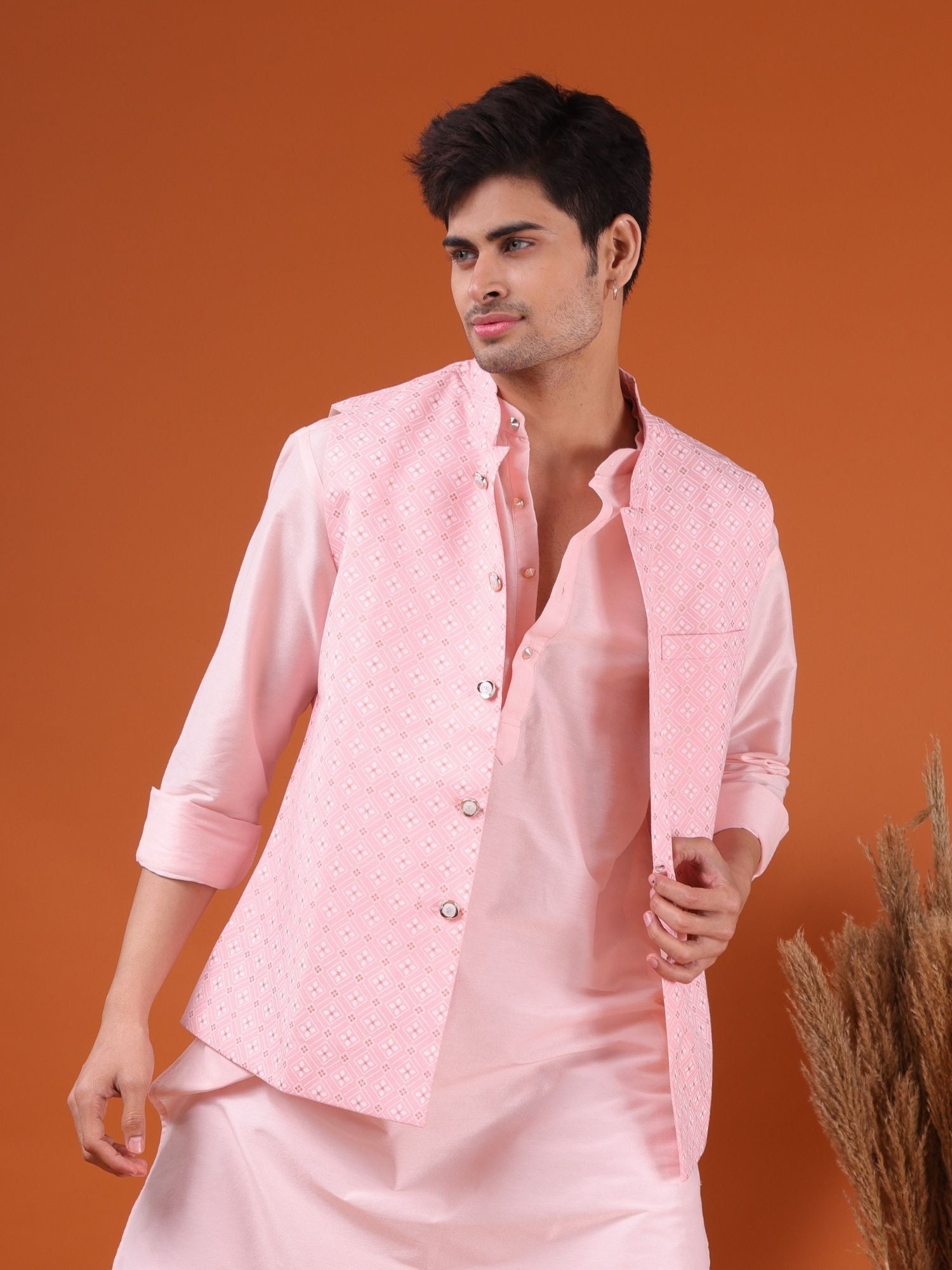 Persion Pink Solid Pattern Cotton Silk Kurta Jacket Set